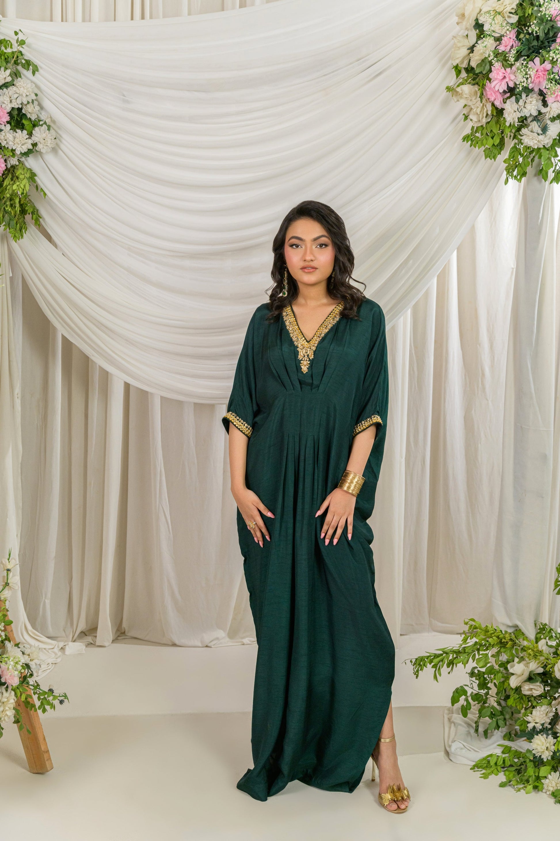 Verde - emerald green silk kaftan front view by Alishba Kashif