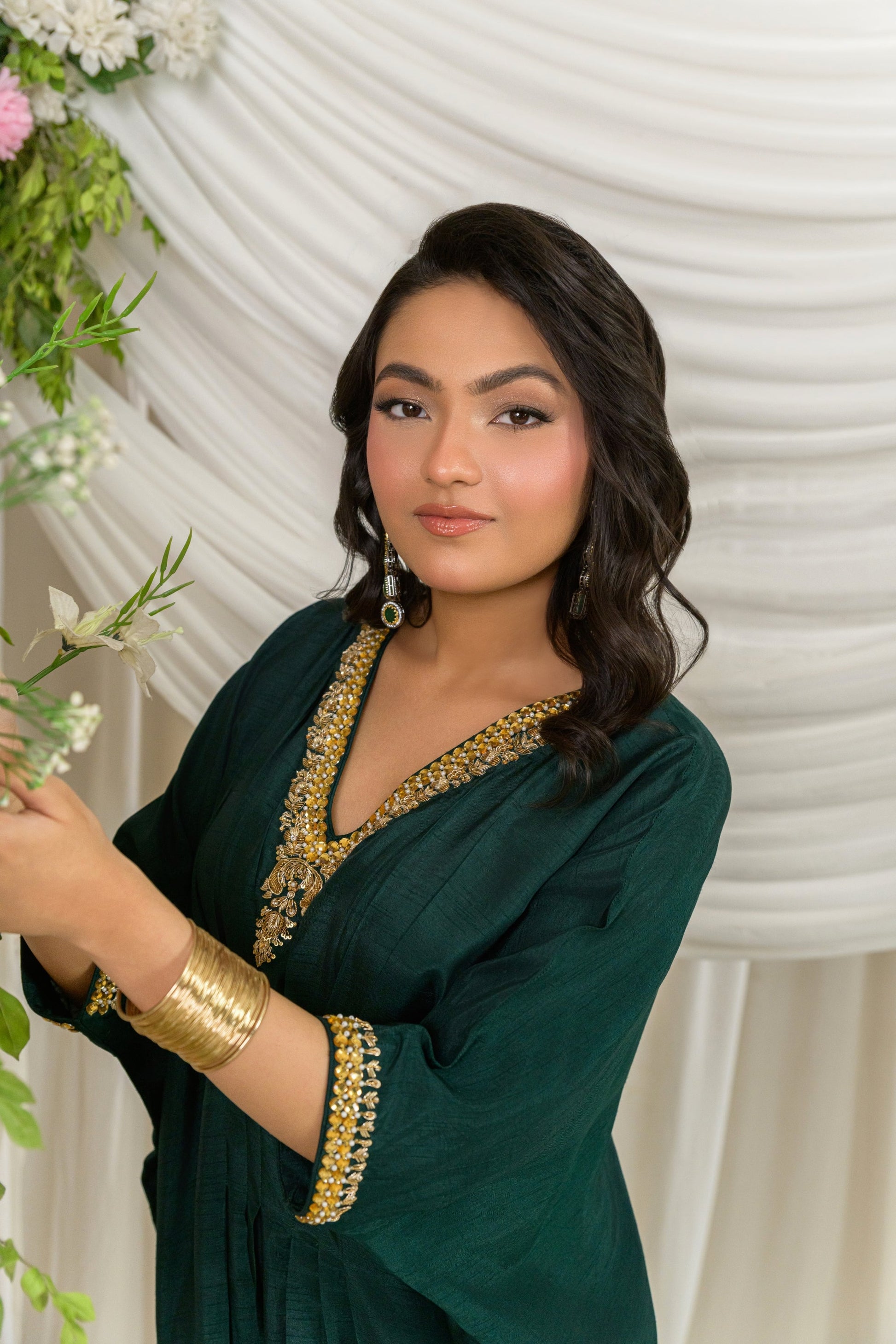 Verde - emerald green silk kaftan neckline detail by Alishba Kashif