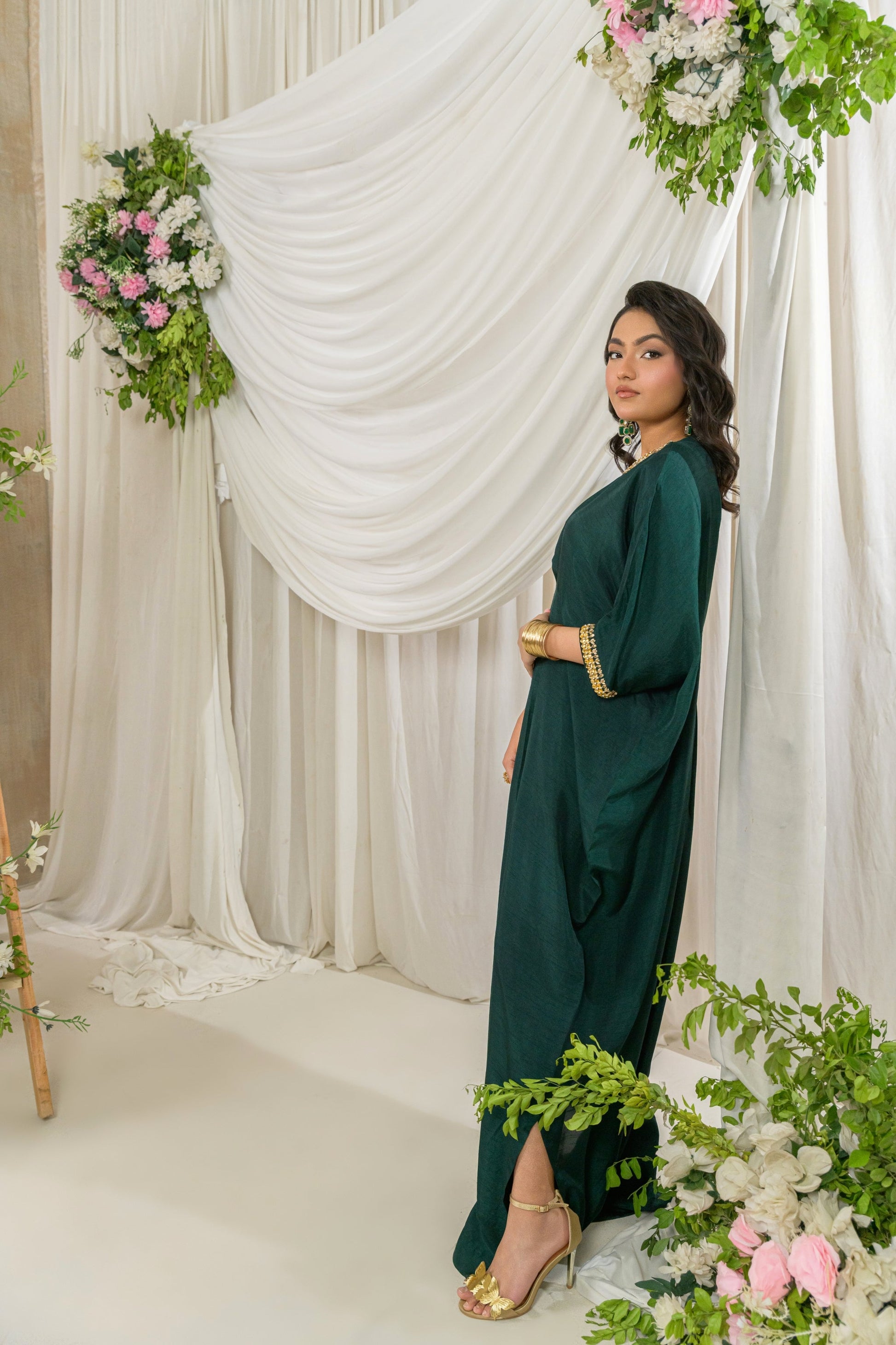 Verde - emerald green silk kaftan side view by Alishba Kashif