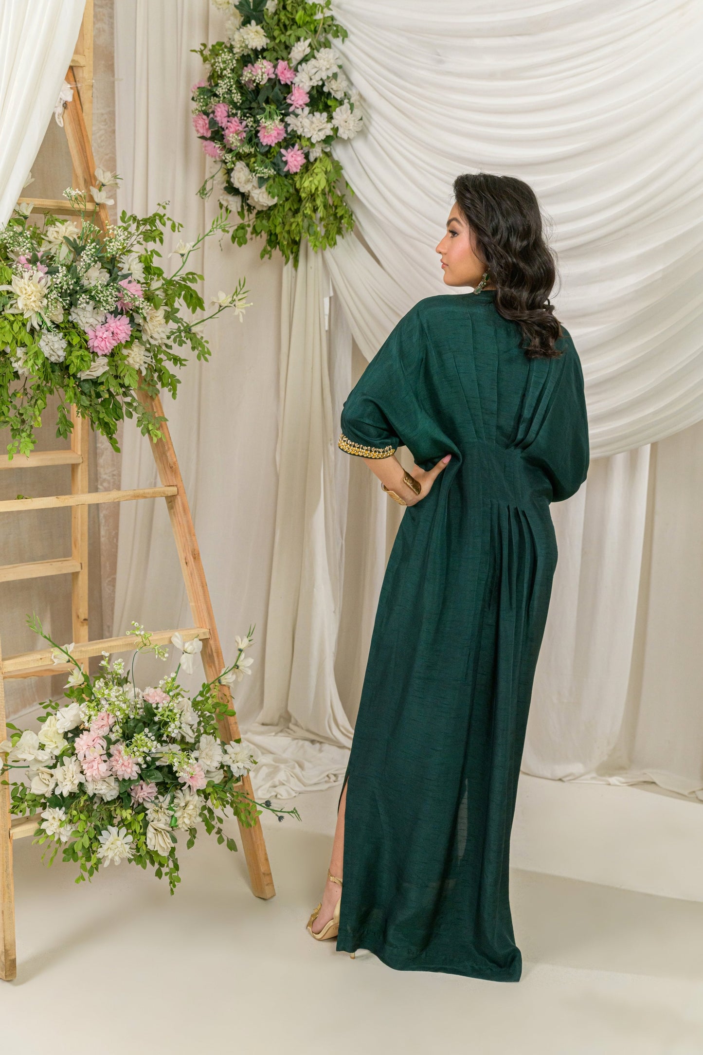 Verde - emerald green silk kaftan back view by Alishba Kashif