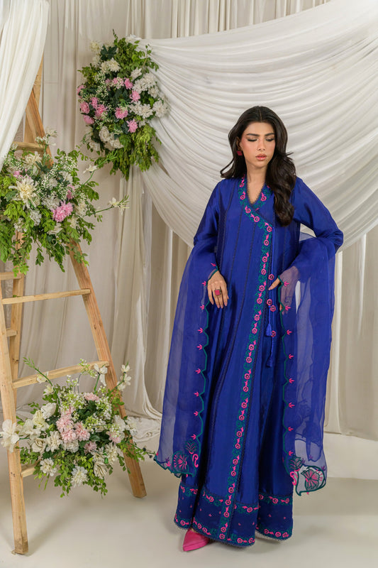 Meherbano - cobalt blue angrakha full length front view by Alishba Kashif