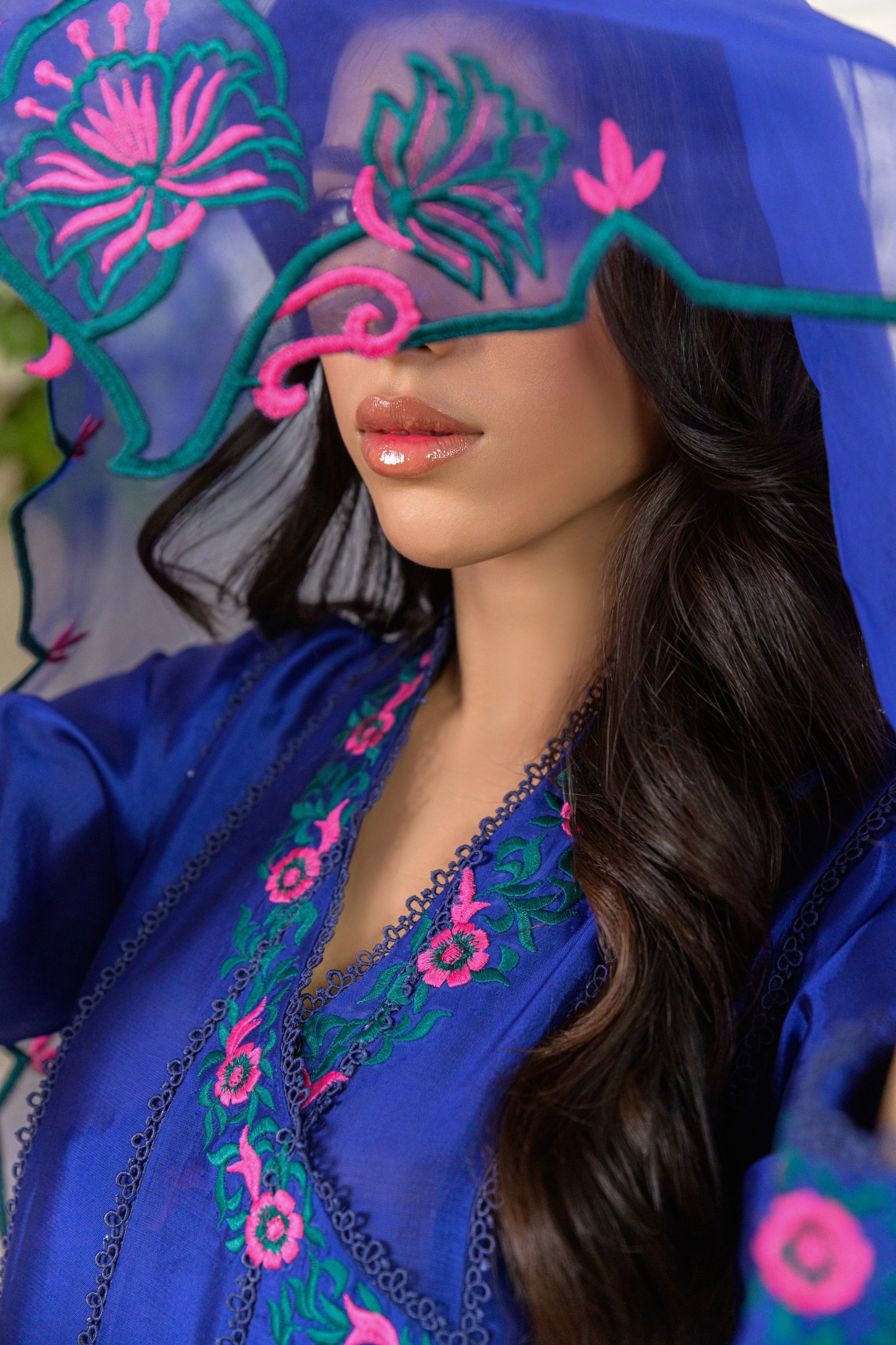 Meherbano - cobalt blue angrakha dupatta view by Alishba Kashif