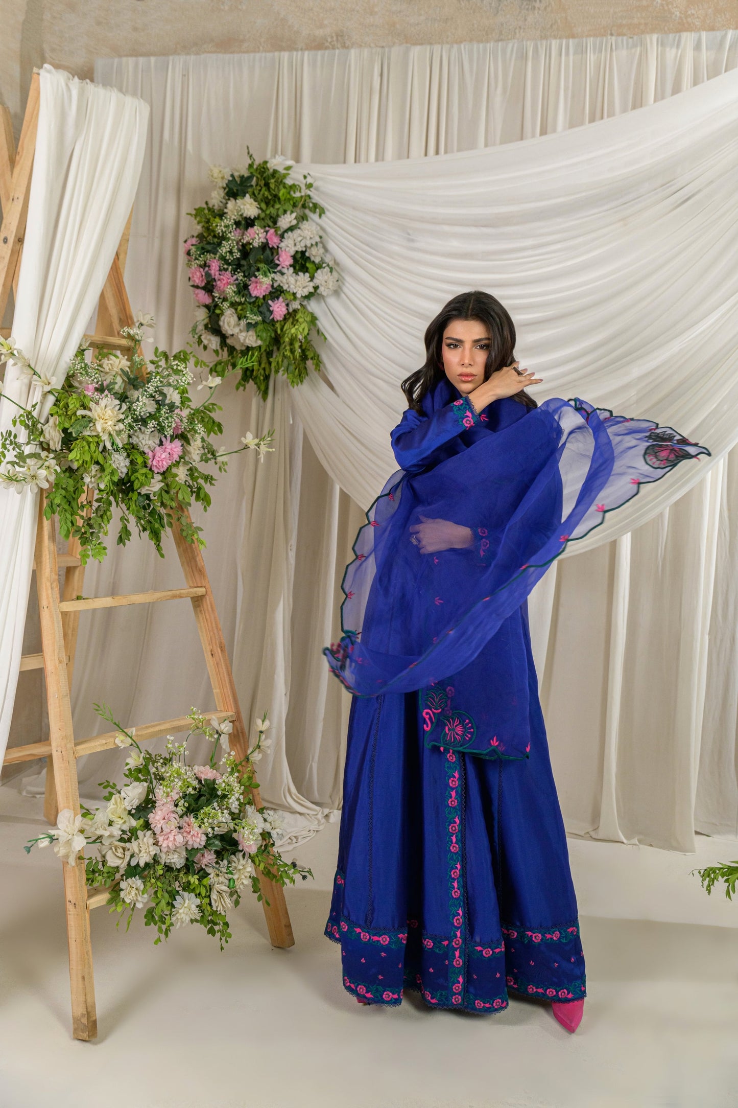 Meherbano - cobalt blue angrakha with dupatta view by Alishba Kashif
