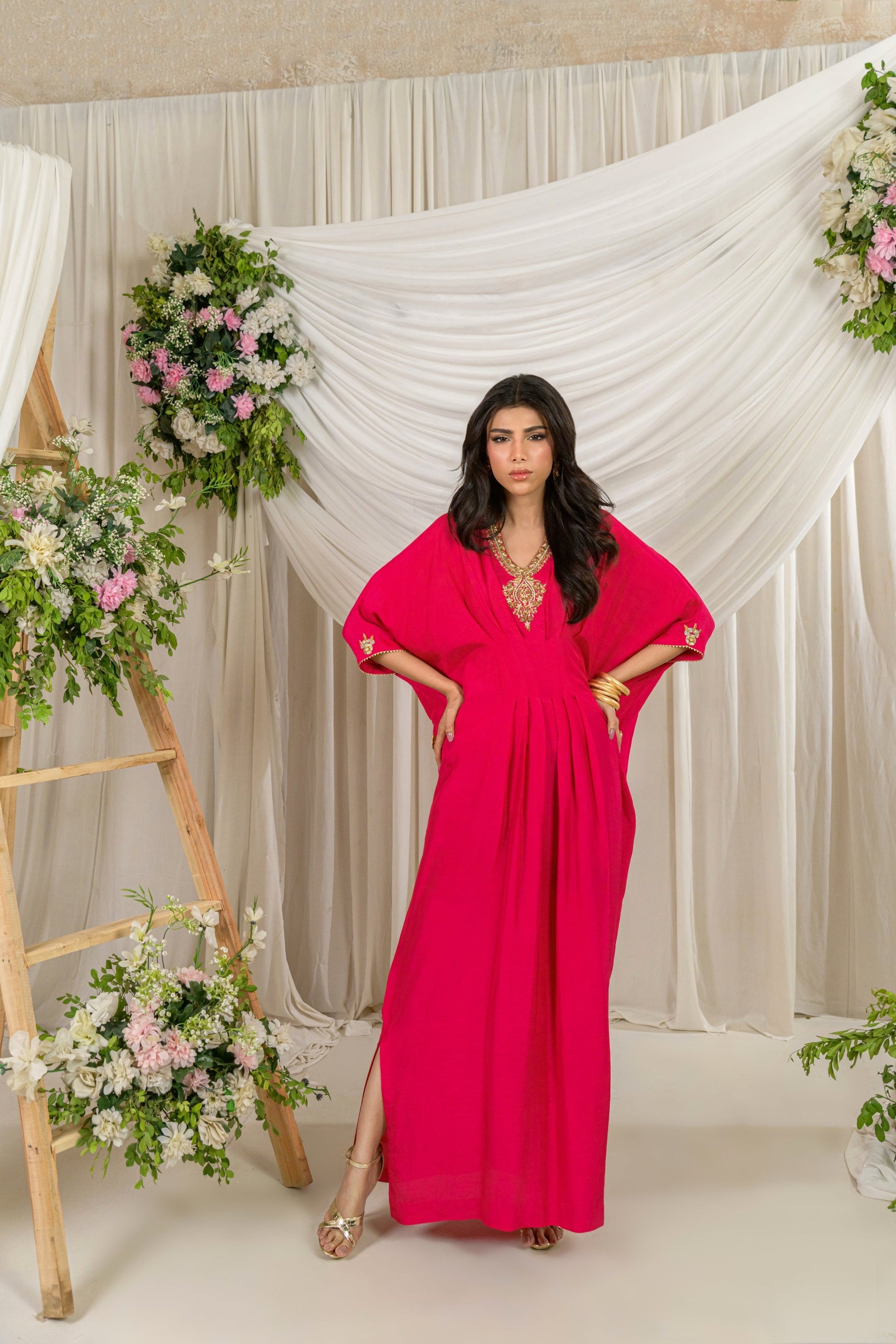 Gulnar - pink Korean raw silk kaftan with gold dabka work front view by Alishba Kashif