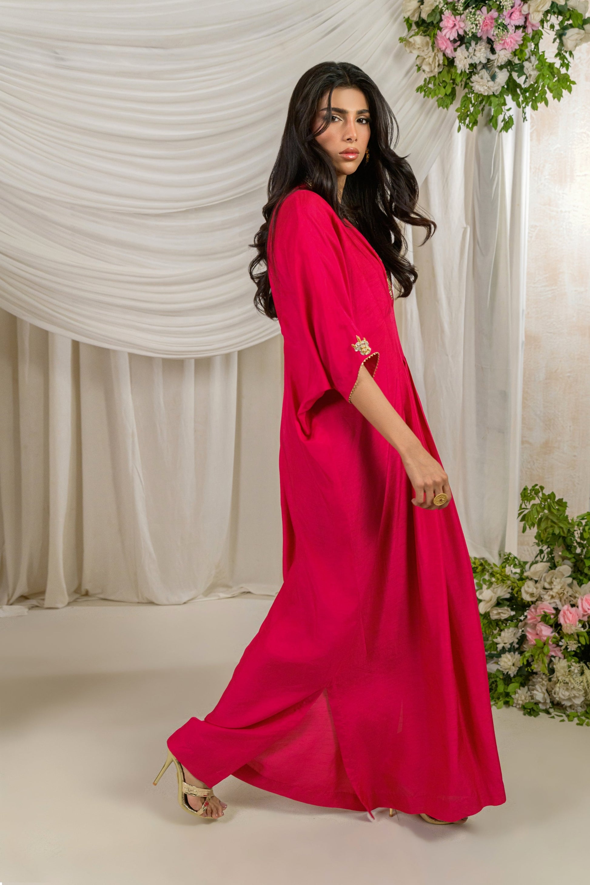 Gulnar - pink Korean raw silk kaftan with gold dabka work side view by Alishba Kashif