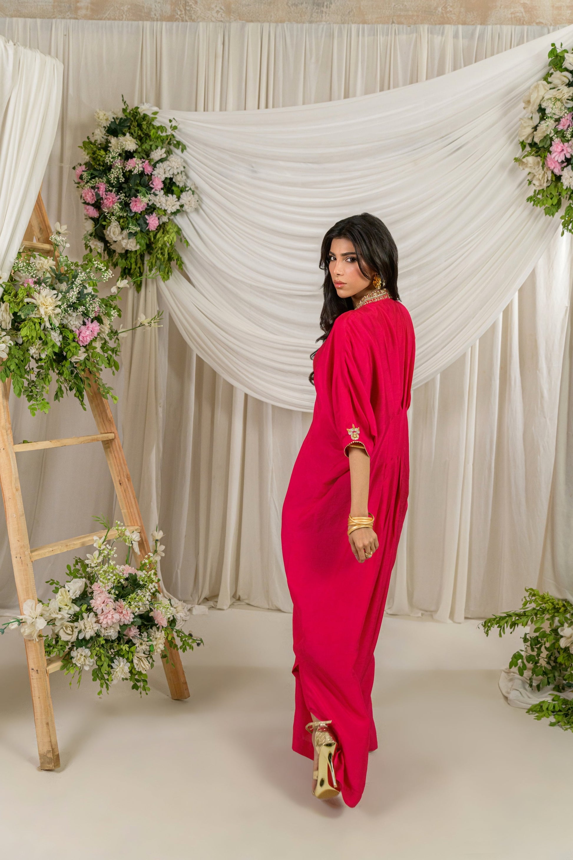 Gulnar - pink Korean raw silk kaftan with gold dabka work back view by Alishba Kashif