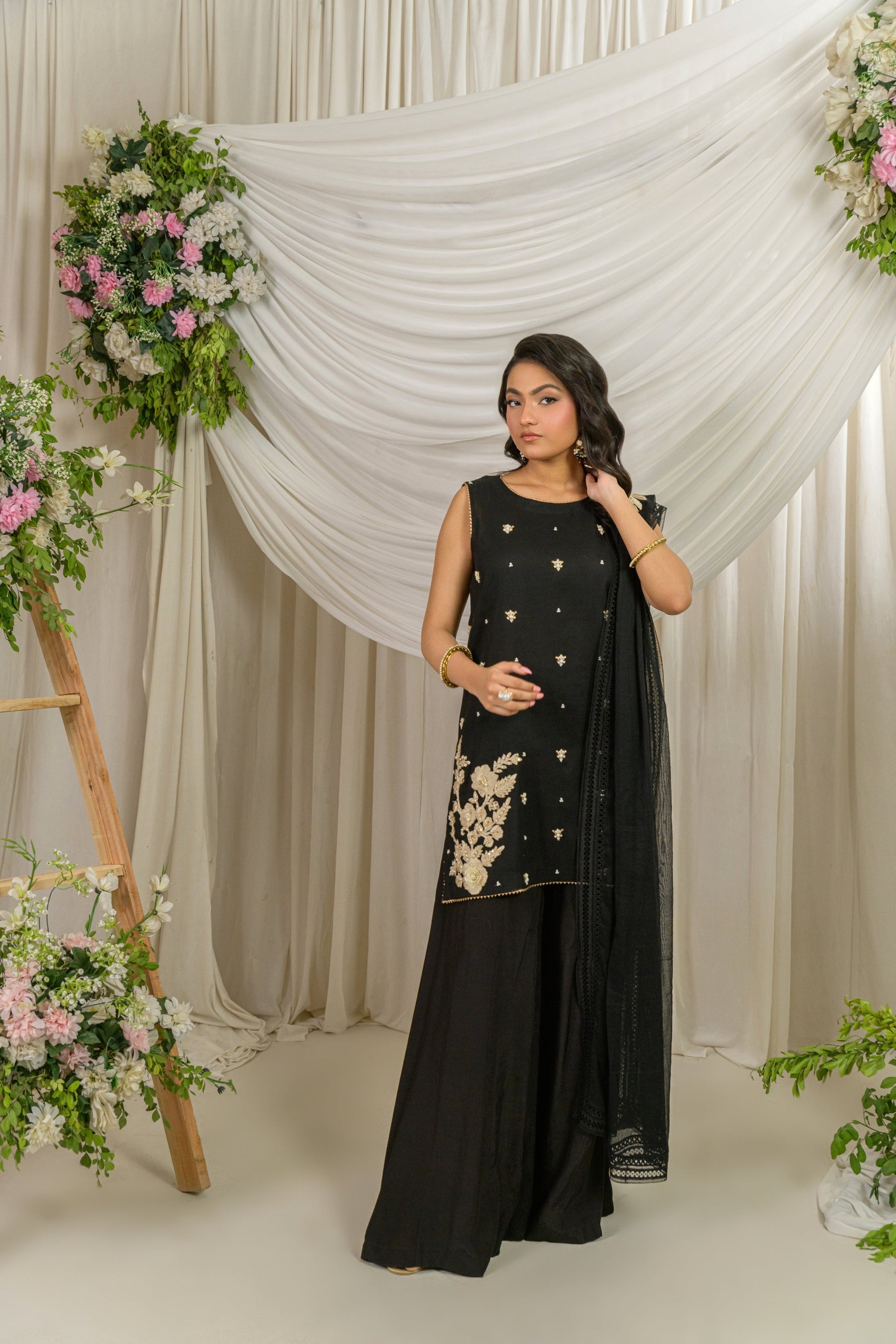 Ebon - black embellished shirt and palazzo set full length by Alishba Kashif