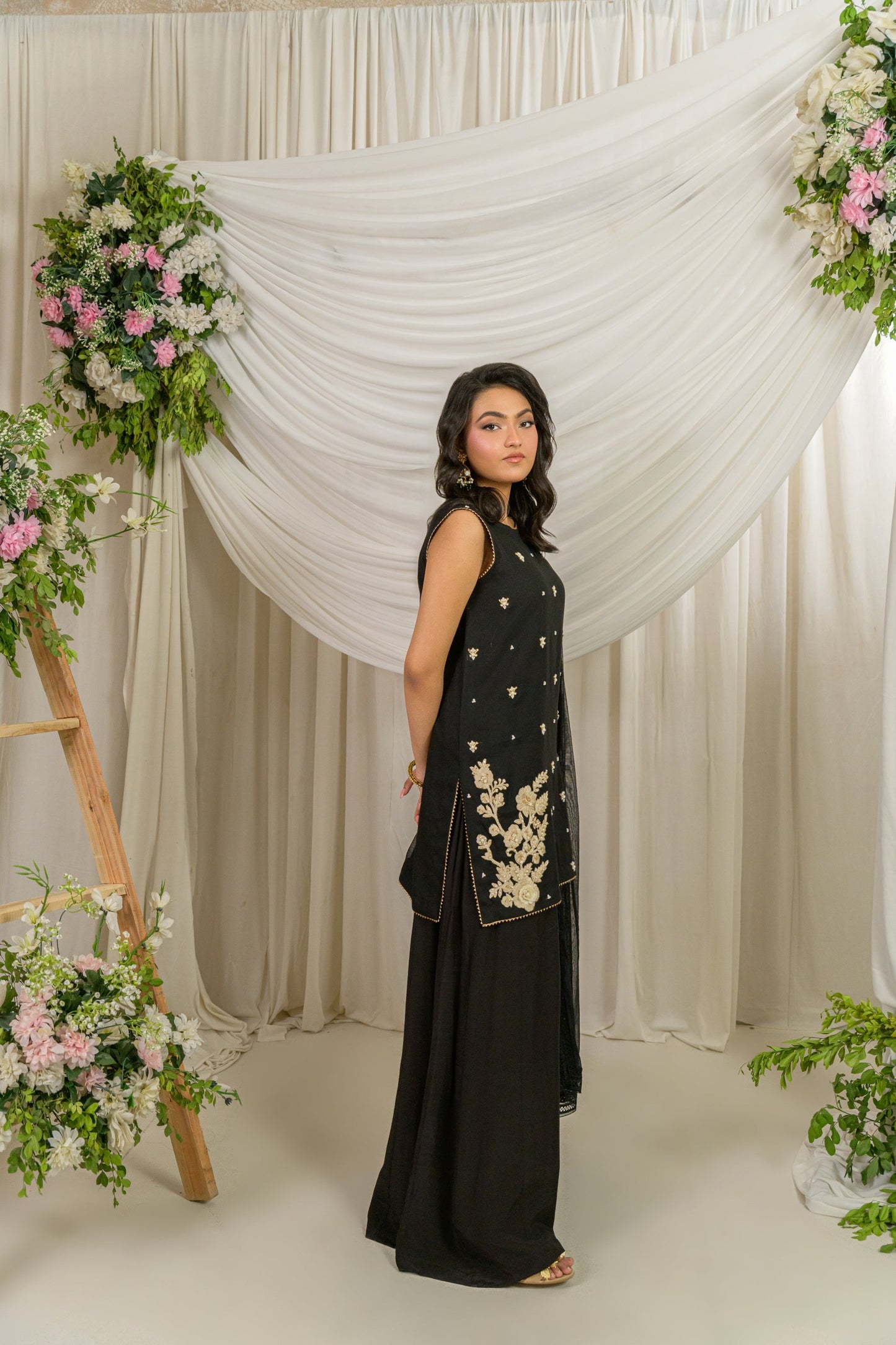Ebon - black embellished shirt and palazzo set side view by Alishba Kashif