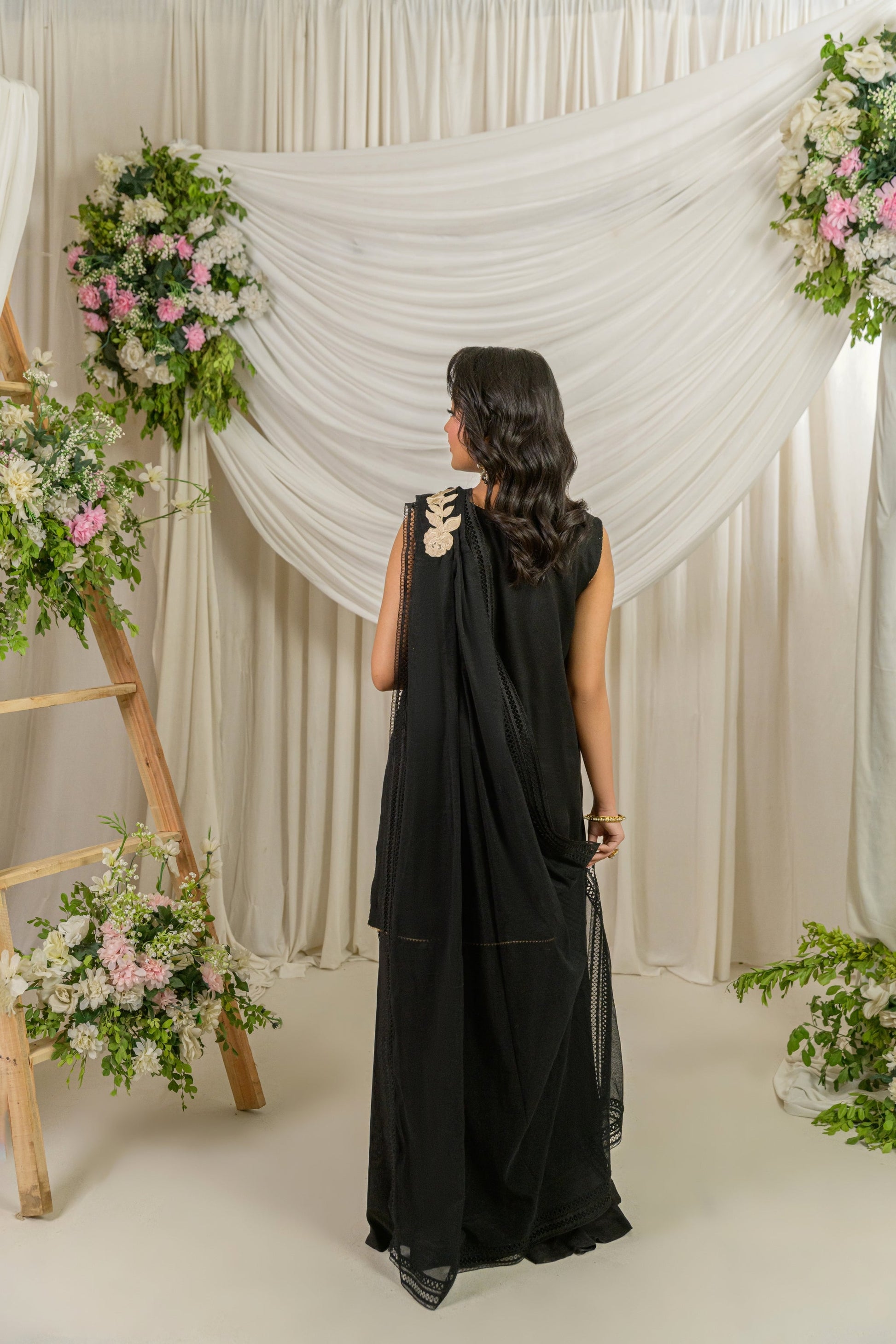 Ebon - black embellished shirt and palazzo set back view by Alishba Kashif