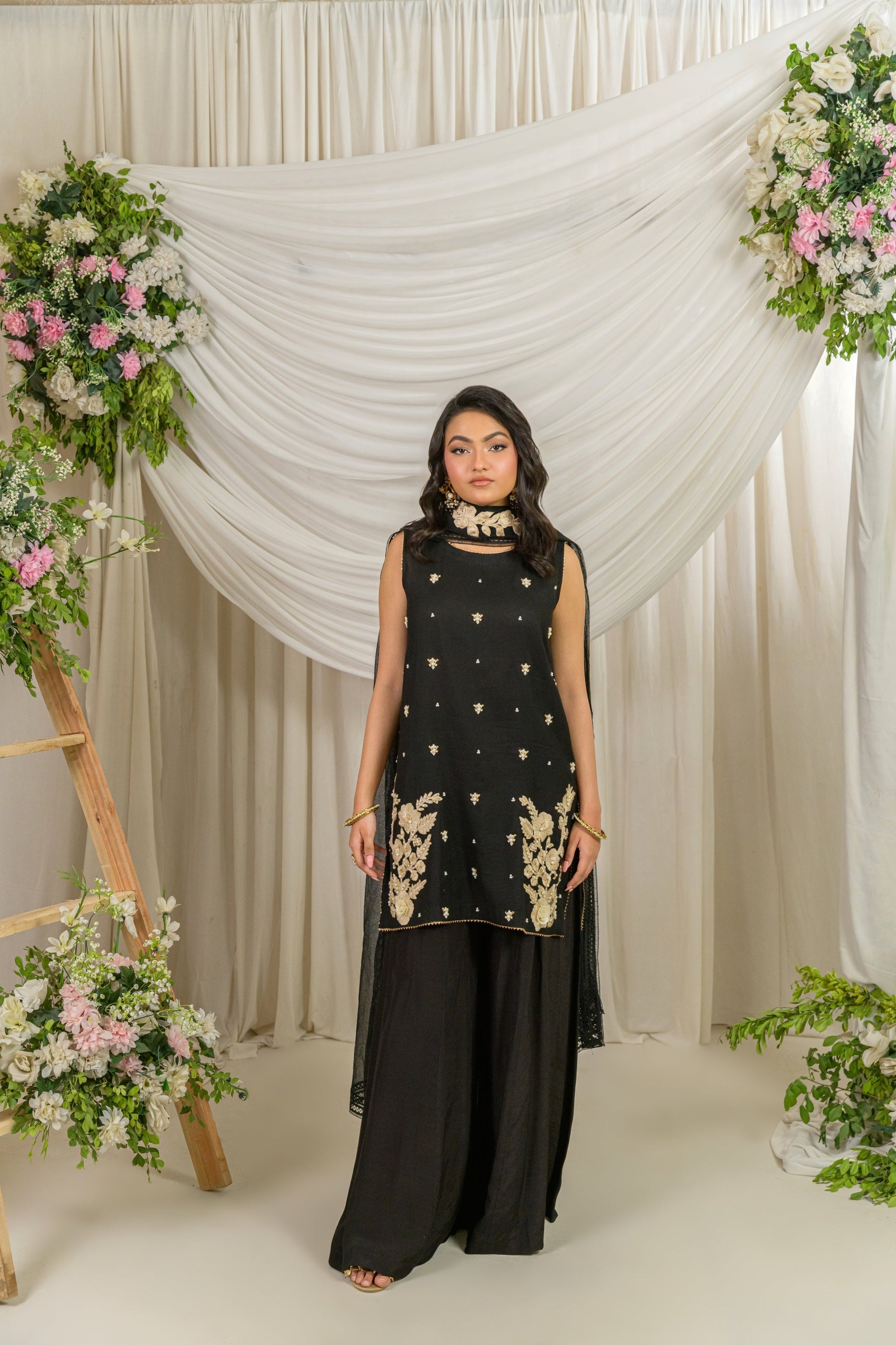Ebon - black embellished shirt and palazzo set front view by Alishba Kashif