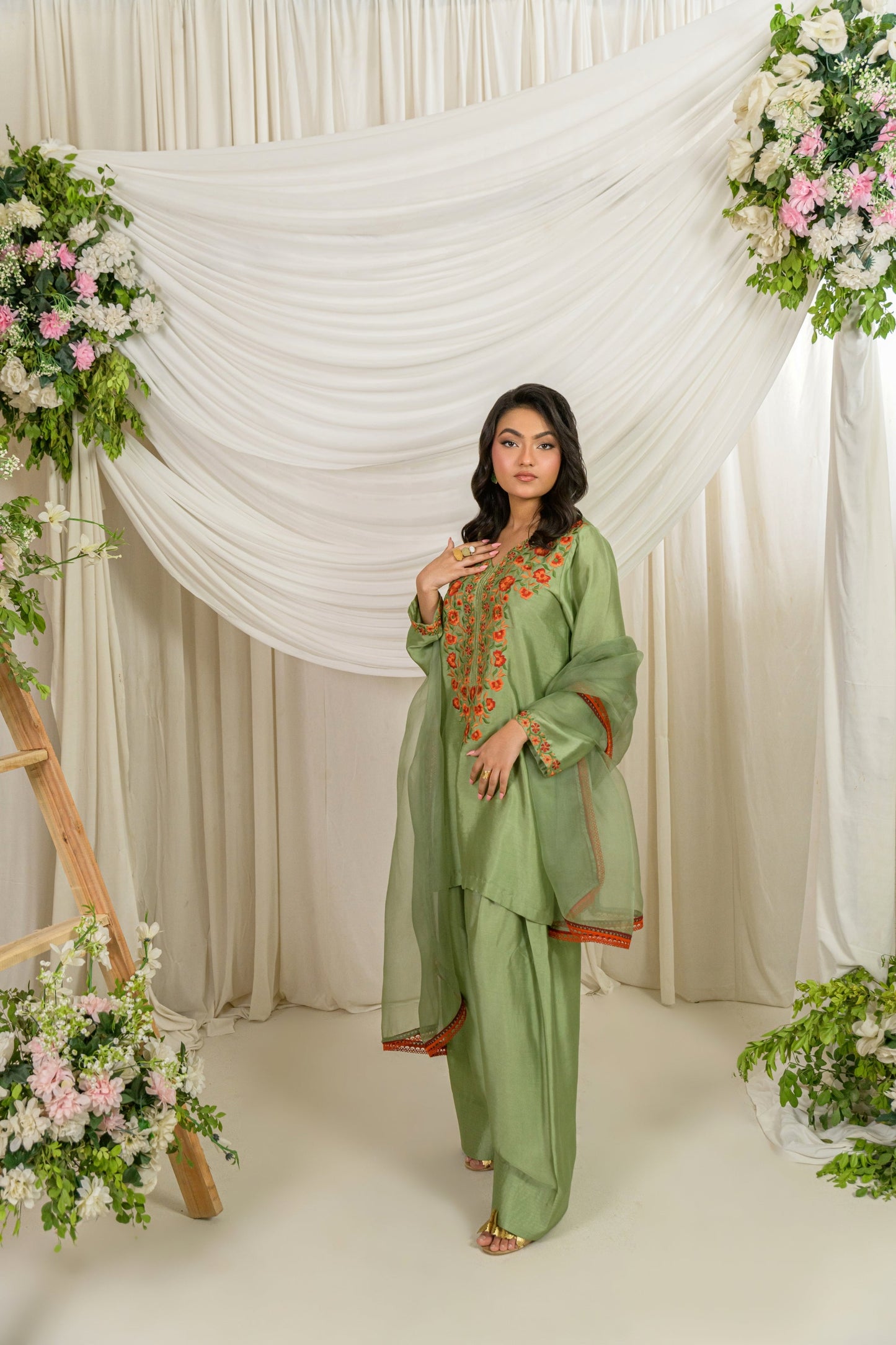 Zaitoon - olive tassel silk embroidered kurta with organza dupatta by Alishba Kashif