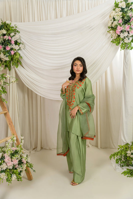 Zaitoon - olive tassel silk embroidered kurta with organza dupatta by Alishba Kashif