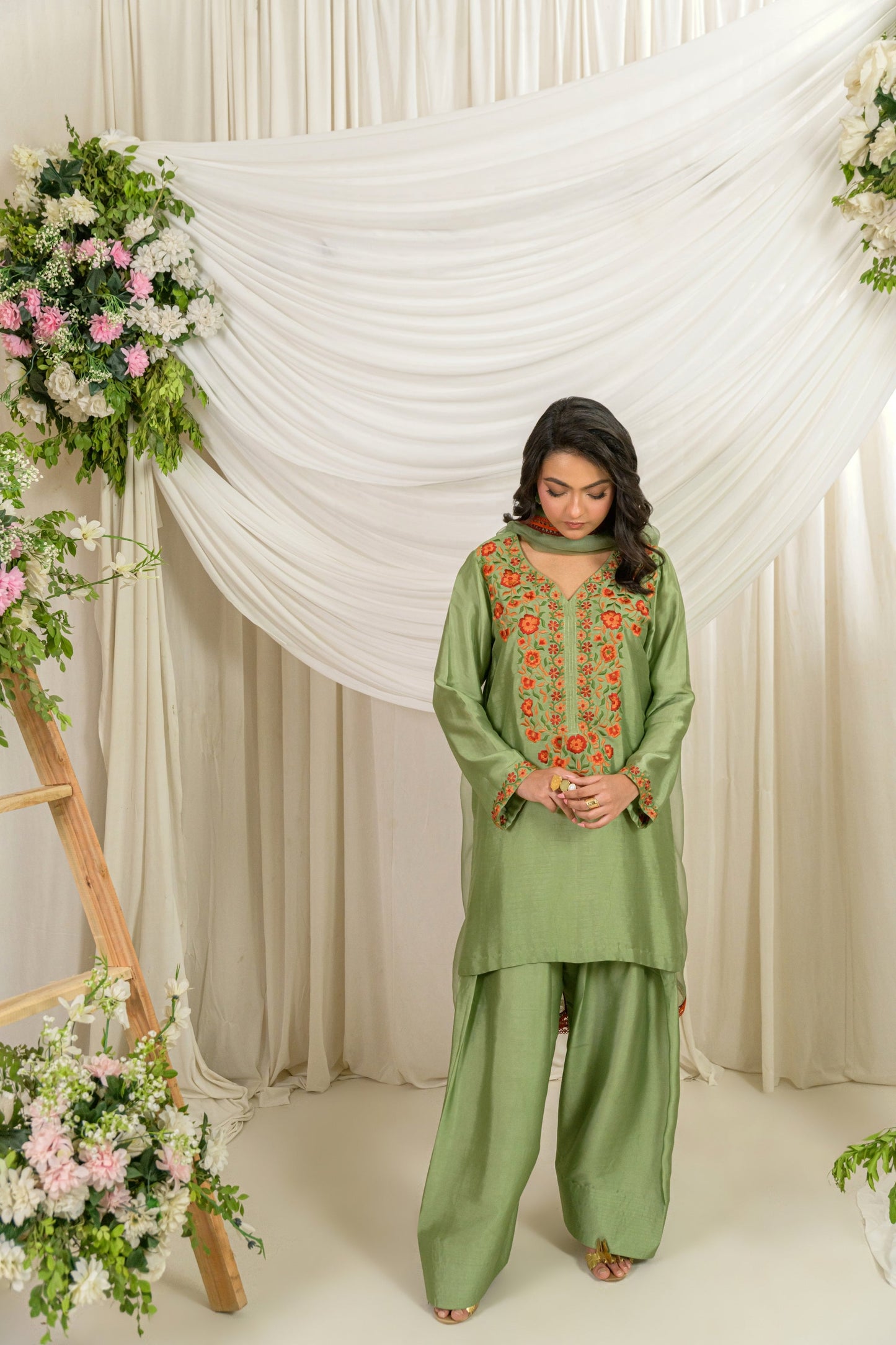 Zaitoon - olive silk outfit full length front view by Alishba Kashif