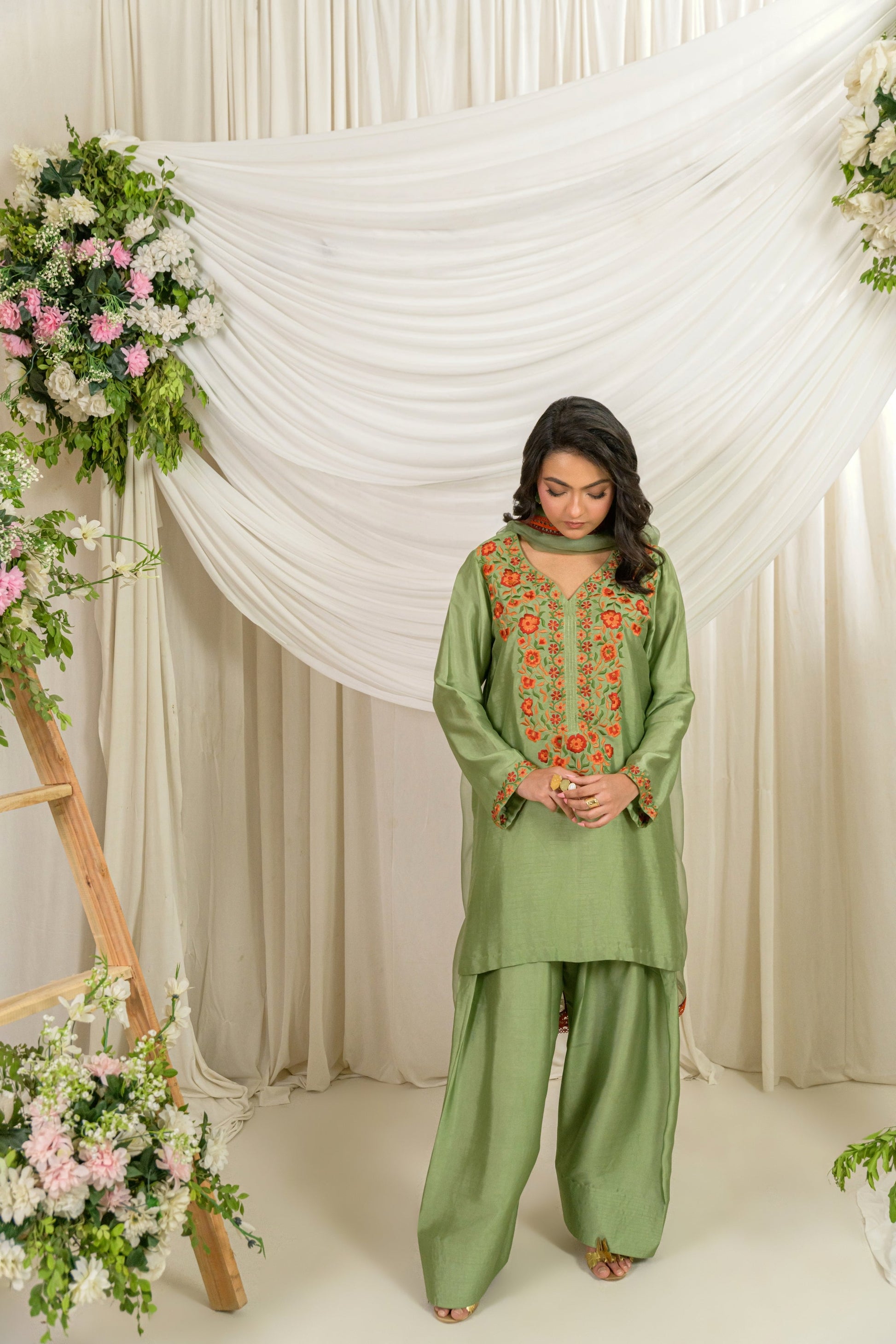Zaitoon - olive silk outfit full length front view by Alishba Kashif