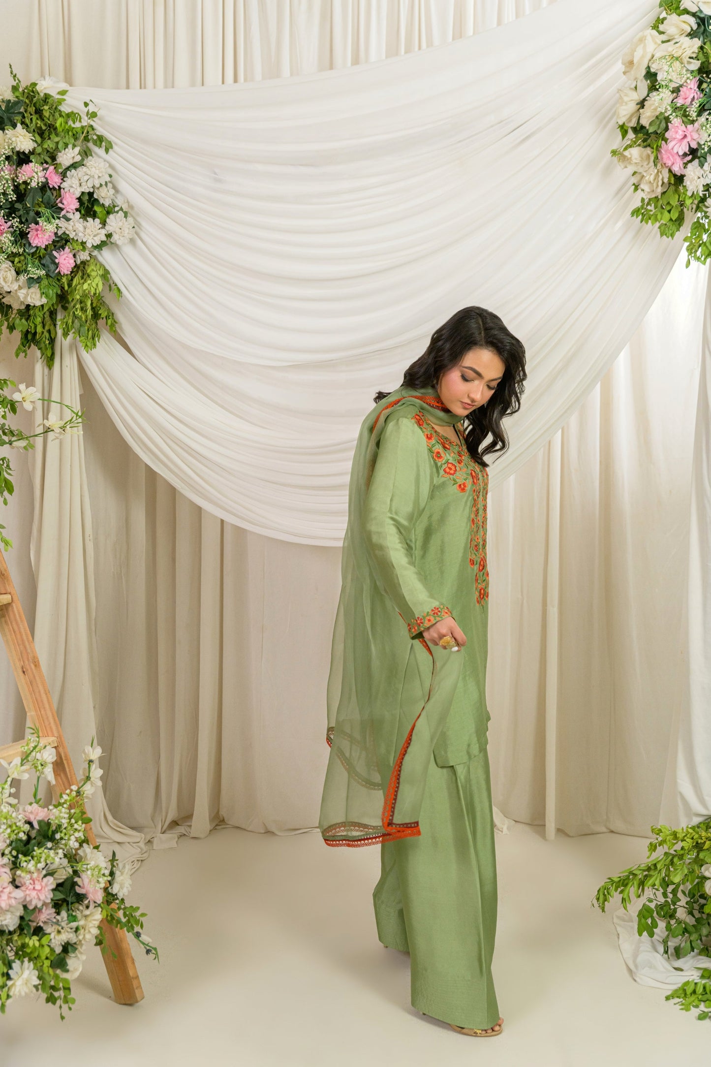 Zaitoon - olive silk outfit full length side view by Alishba Kashif