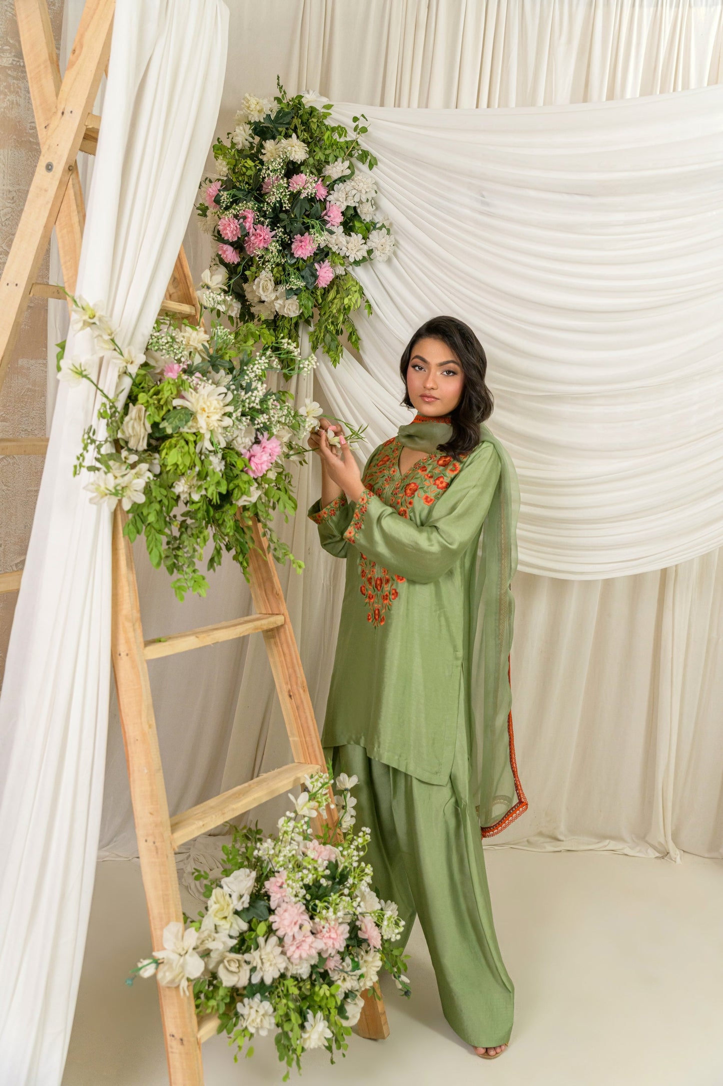 Zaitoon - olive silk outfit full length side view by Alishba Kashif