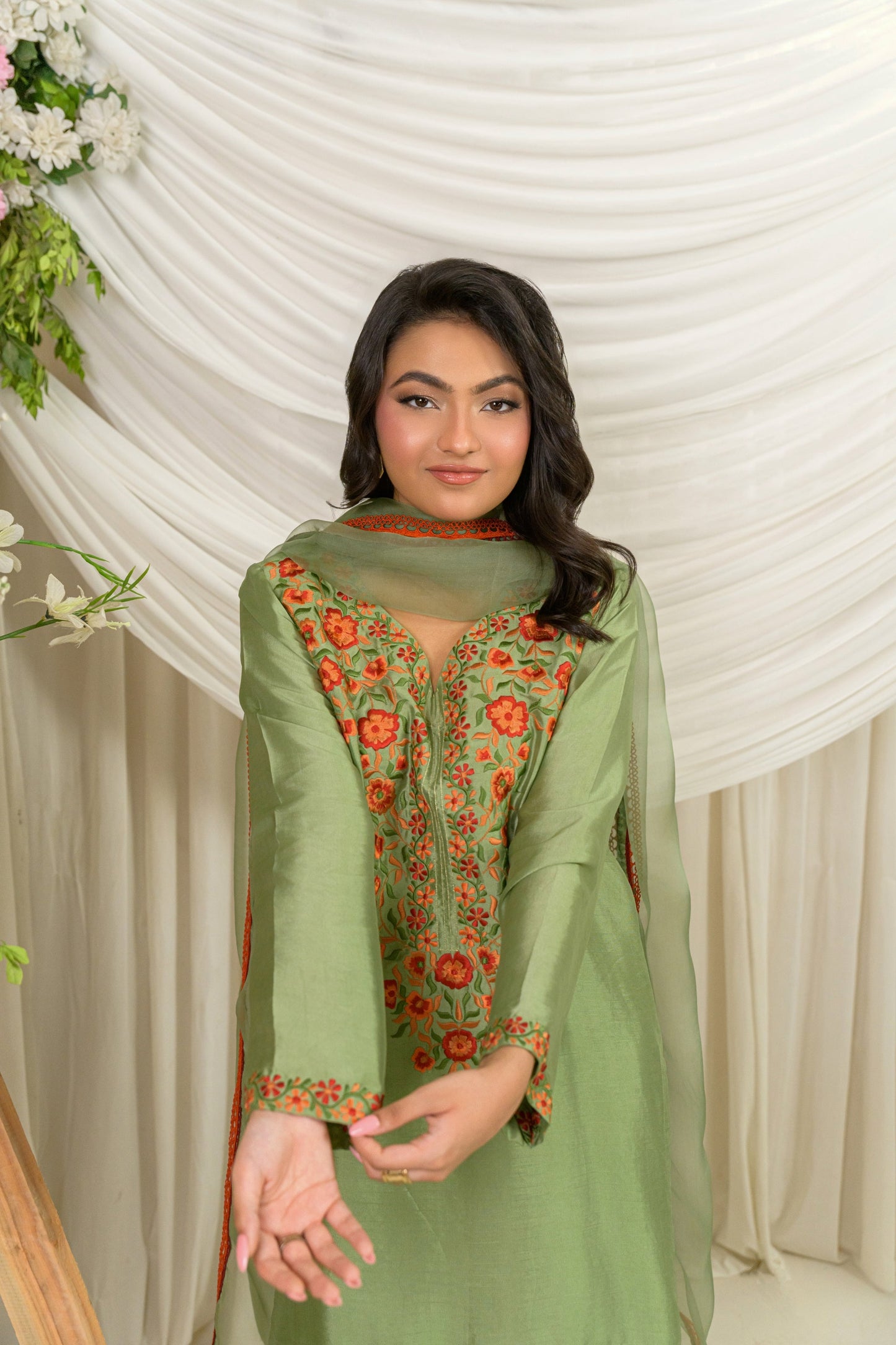 Zaitoon - olive silk outfit full length sleeve detail view by Alishba Kashif