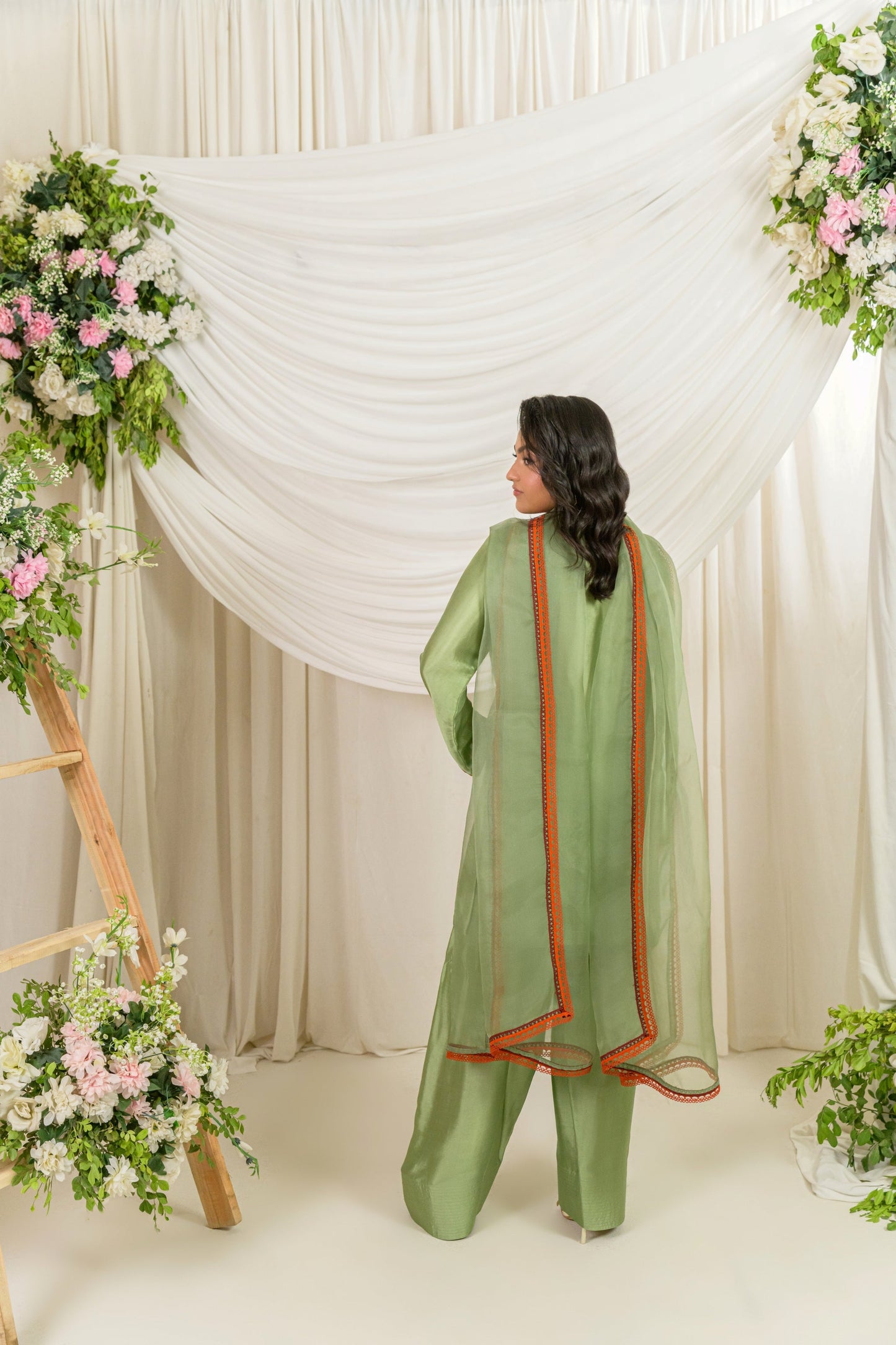 Zaitoon - olive silk outfit full length back view by Alishba Kashif