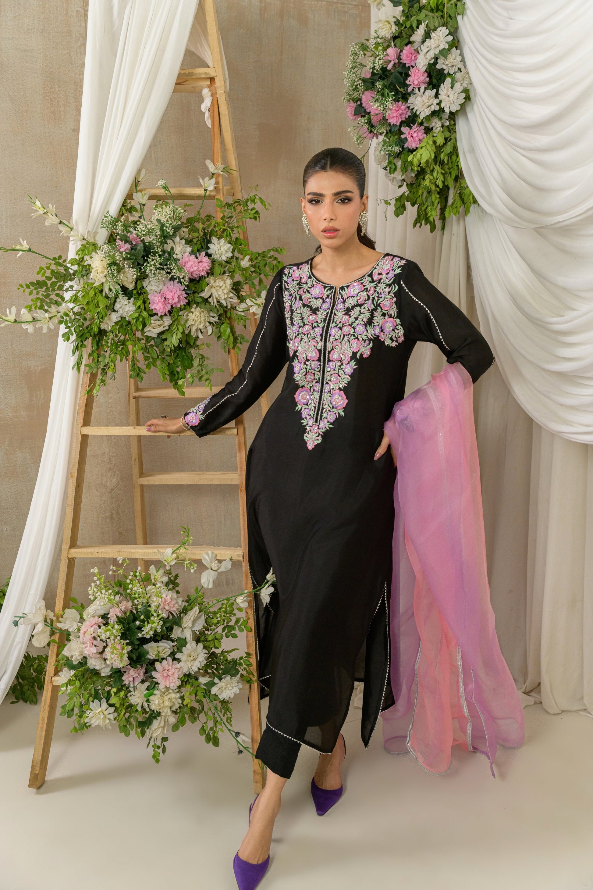 Midnight Petals - black floral embroidered outfit with pink dupatta by Alishba Kashif
