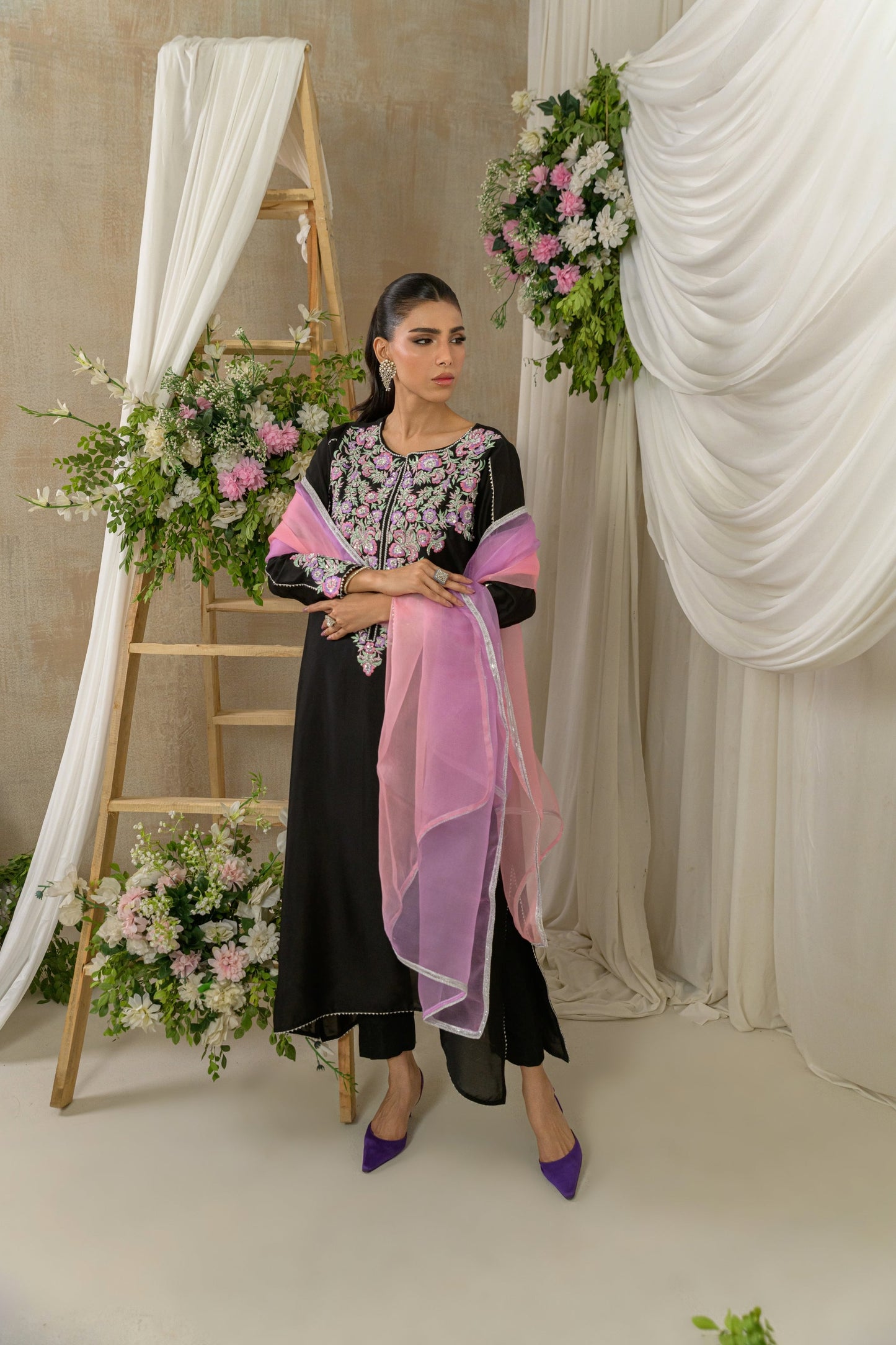 Midnight Petals - black floral embroidered outfit with pink dupatta front view by Alishba Kashif