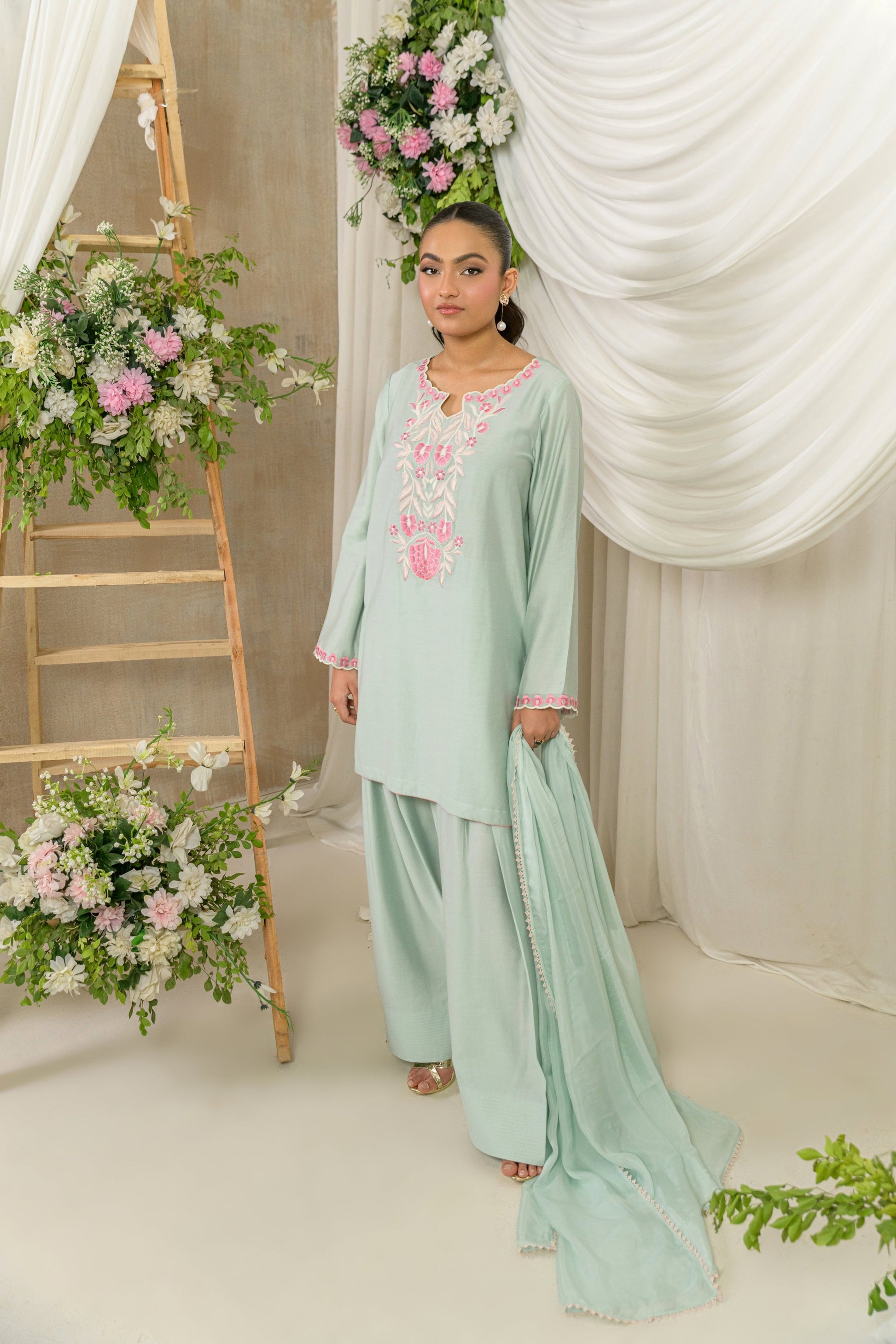 Saahil - mint silk cotton kurta with pink embroidery by Alishba Kashif