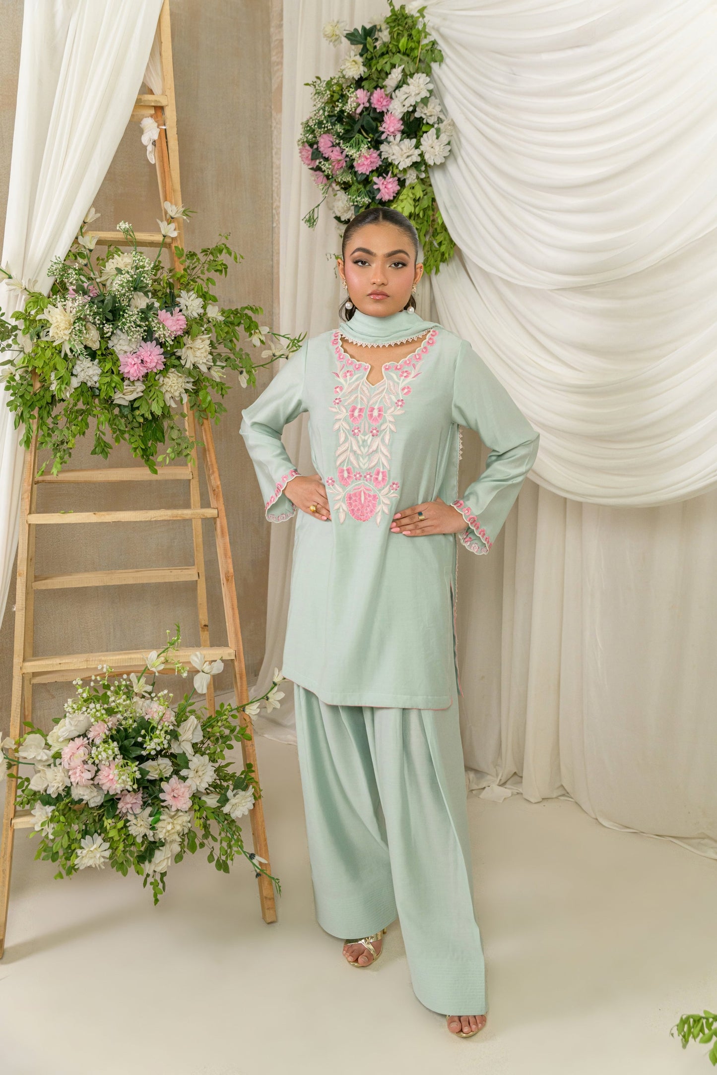 Saahil - mint silk cotton kurta with pink embroidery front view by Alishba Kashif