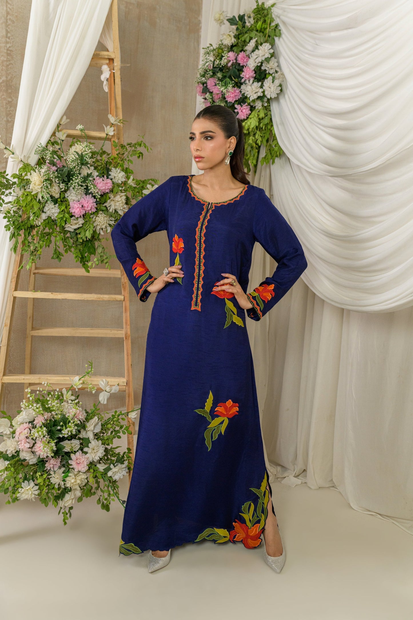 Amber Flora - navy blue silk kaftan with amber floral applique by Alishba Kashif