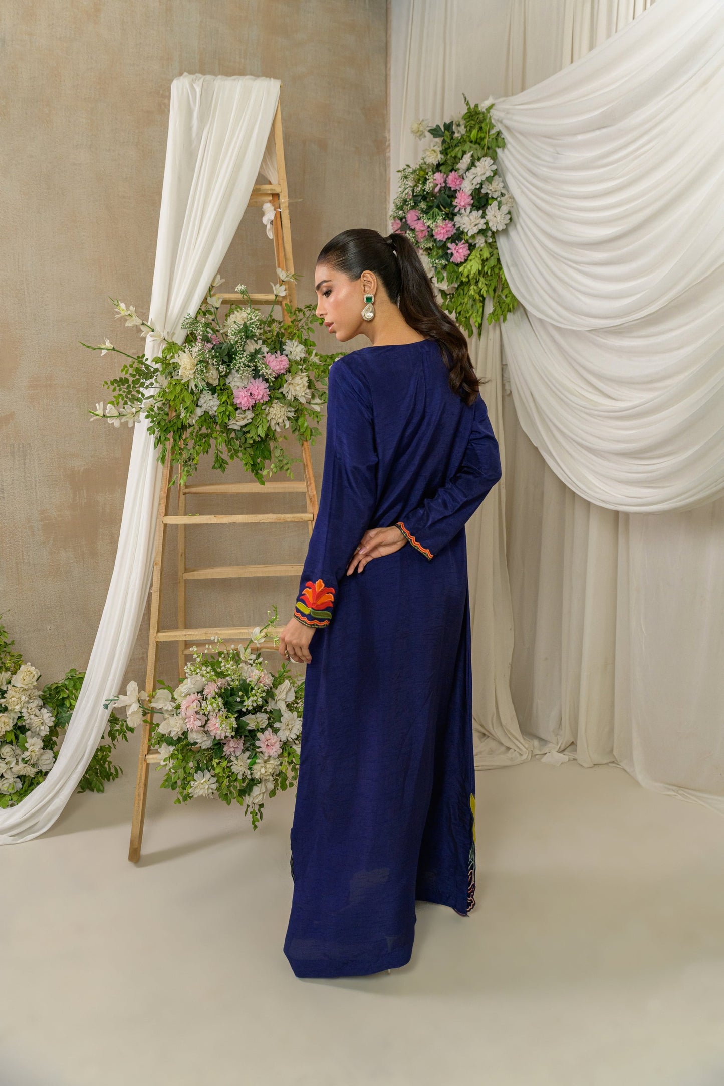 Amber Flora - navy bluesilk kaftan back view by Alishba Kashif