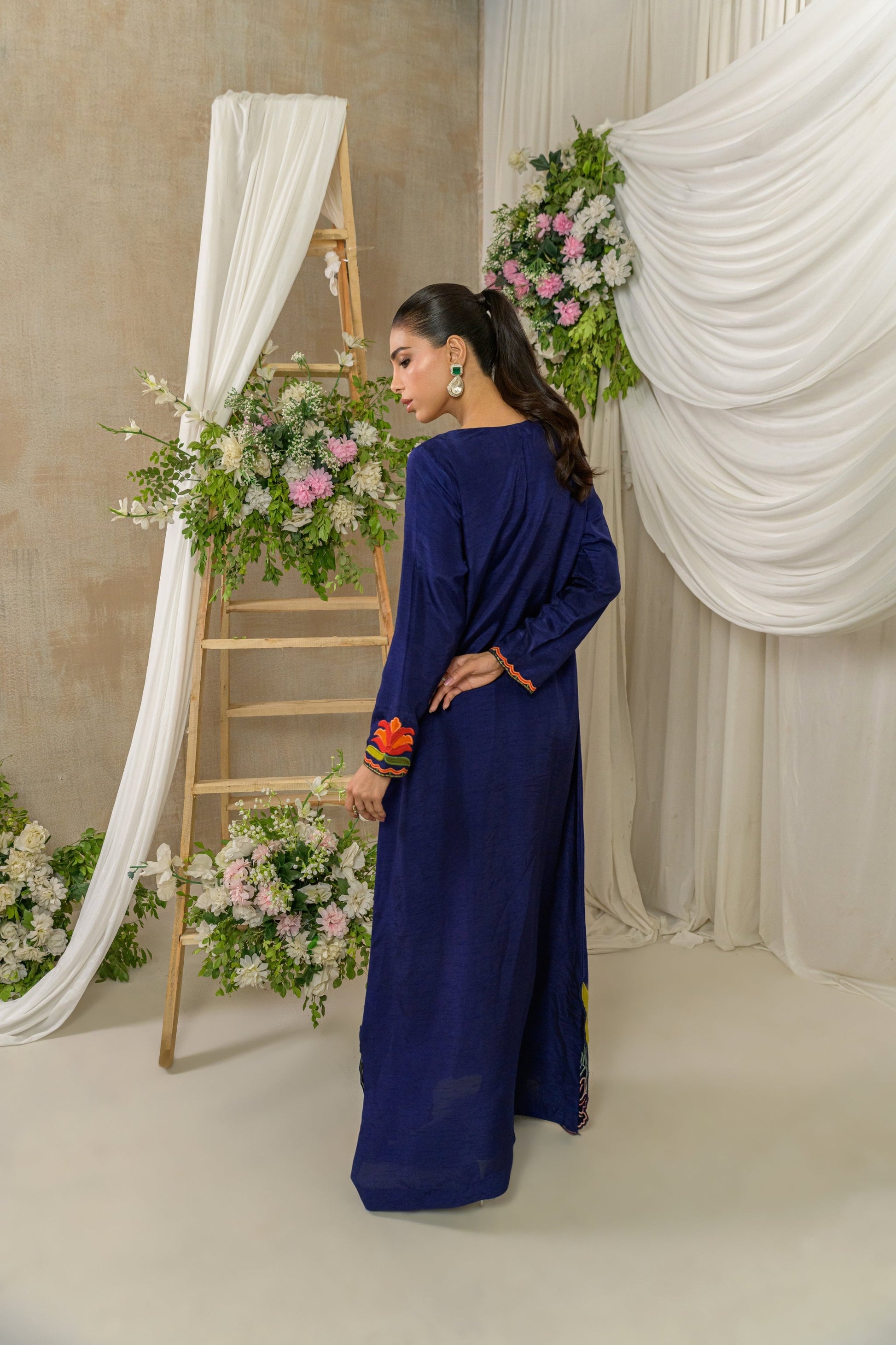 Amber Flora - navy bluesilk kaftan back view by Alishba Kashif