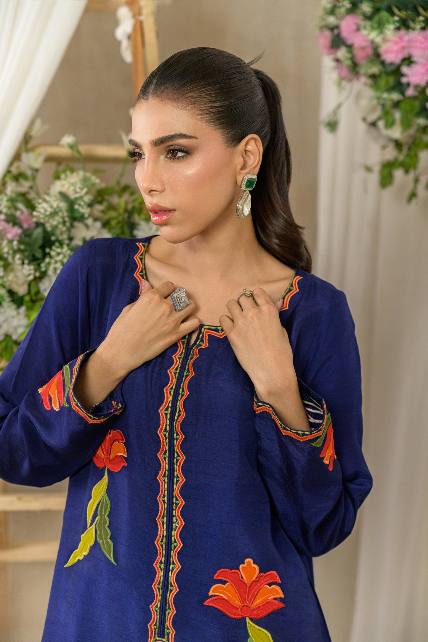 Amber Flora - navy blue kaftan applique detail close up by Alishba Kashif