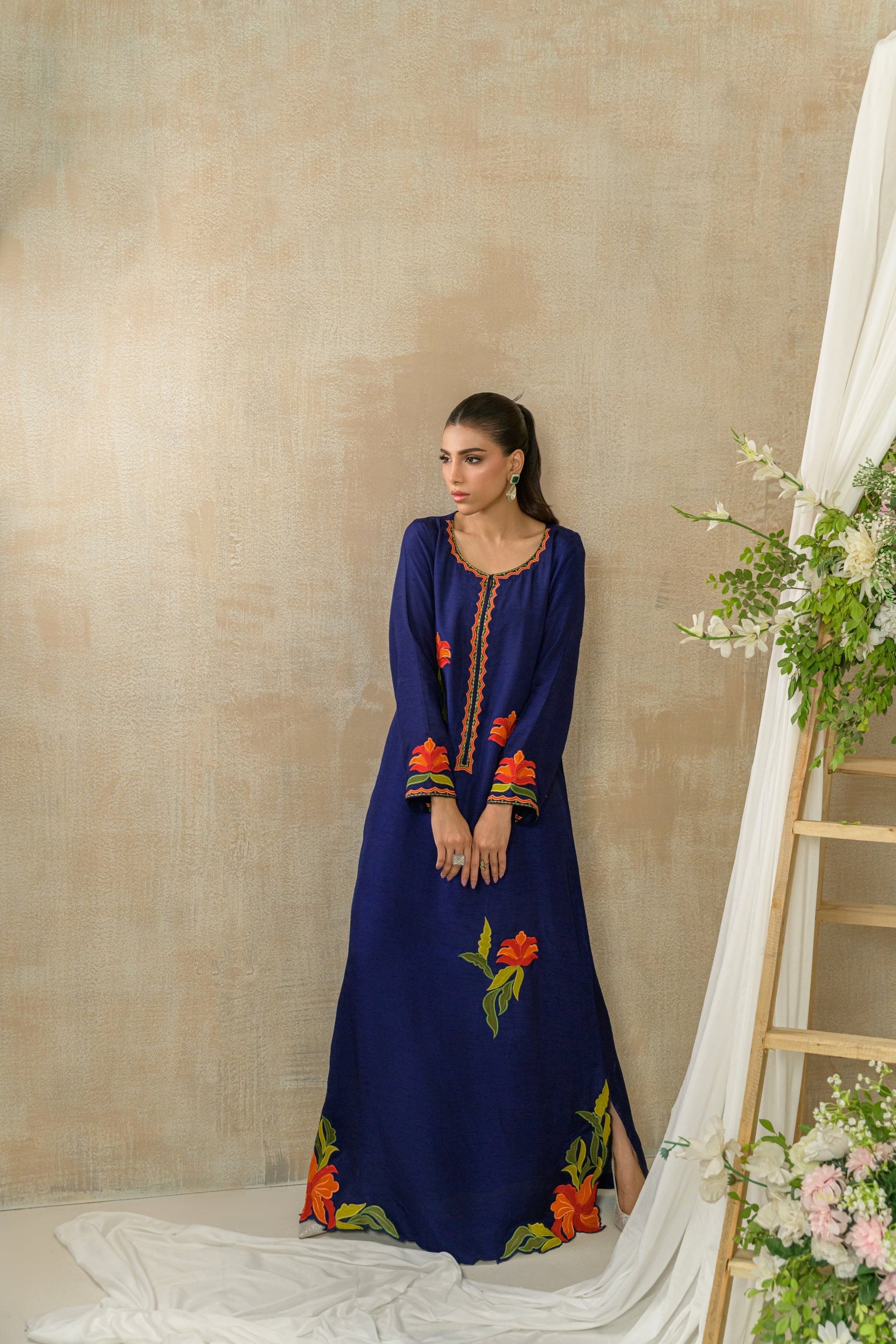 Amber Flora - navy blue silk kaftan front view by Alishba Kashif