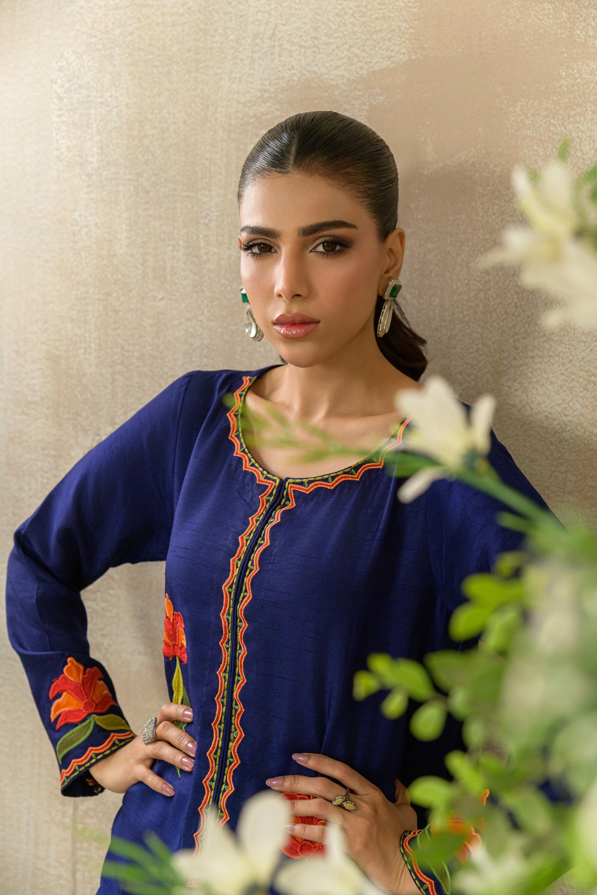 Amber Flora - navy blue silk kaftan work detail view by Alishba Kashif