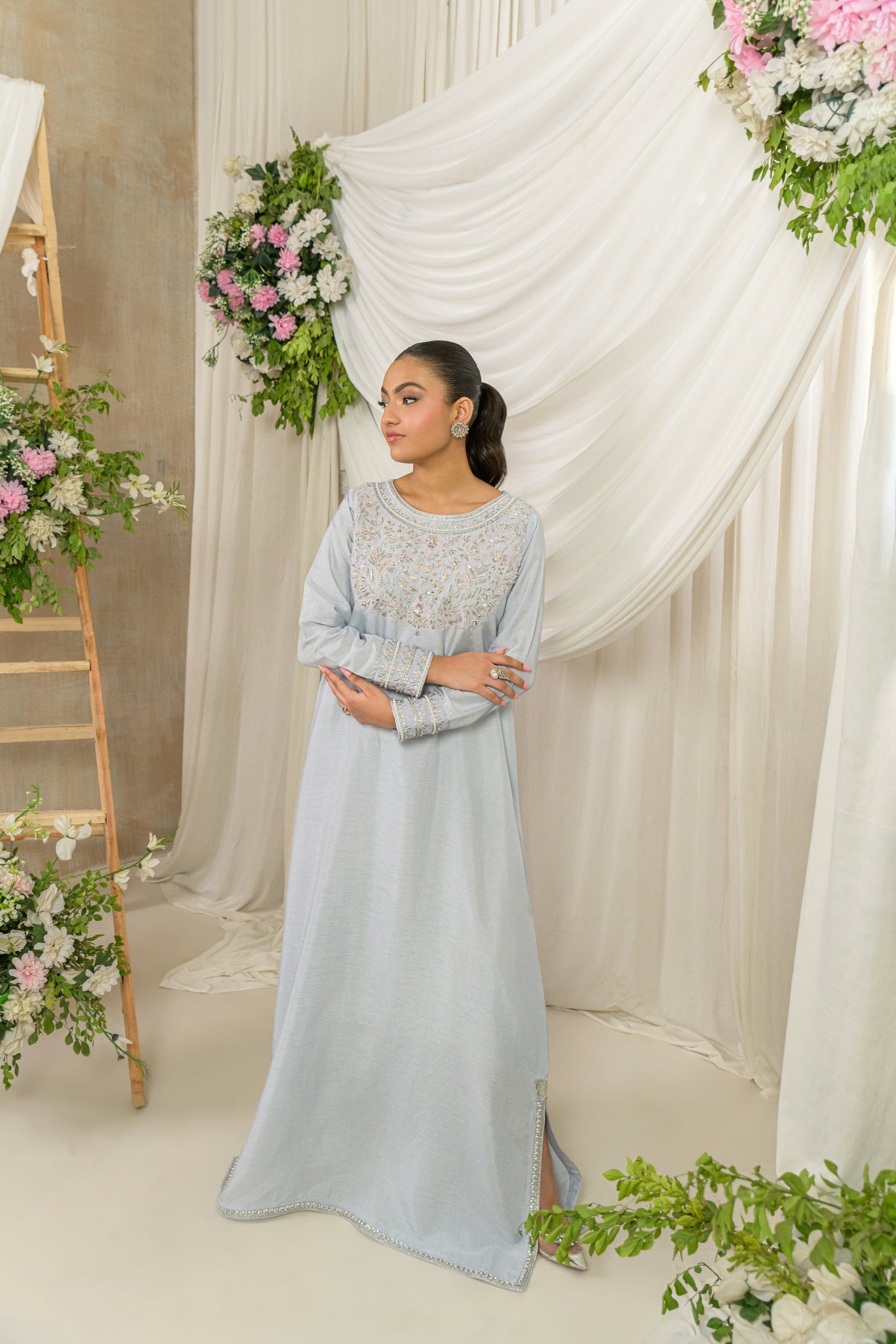 Ayla - raw silk kaftan full length view by Alishba Kashif