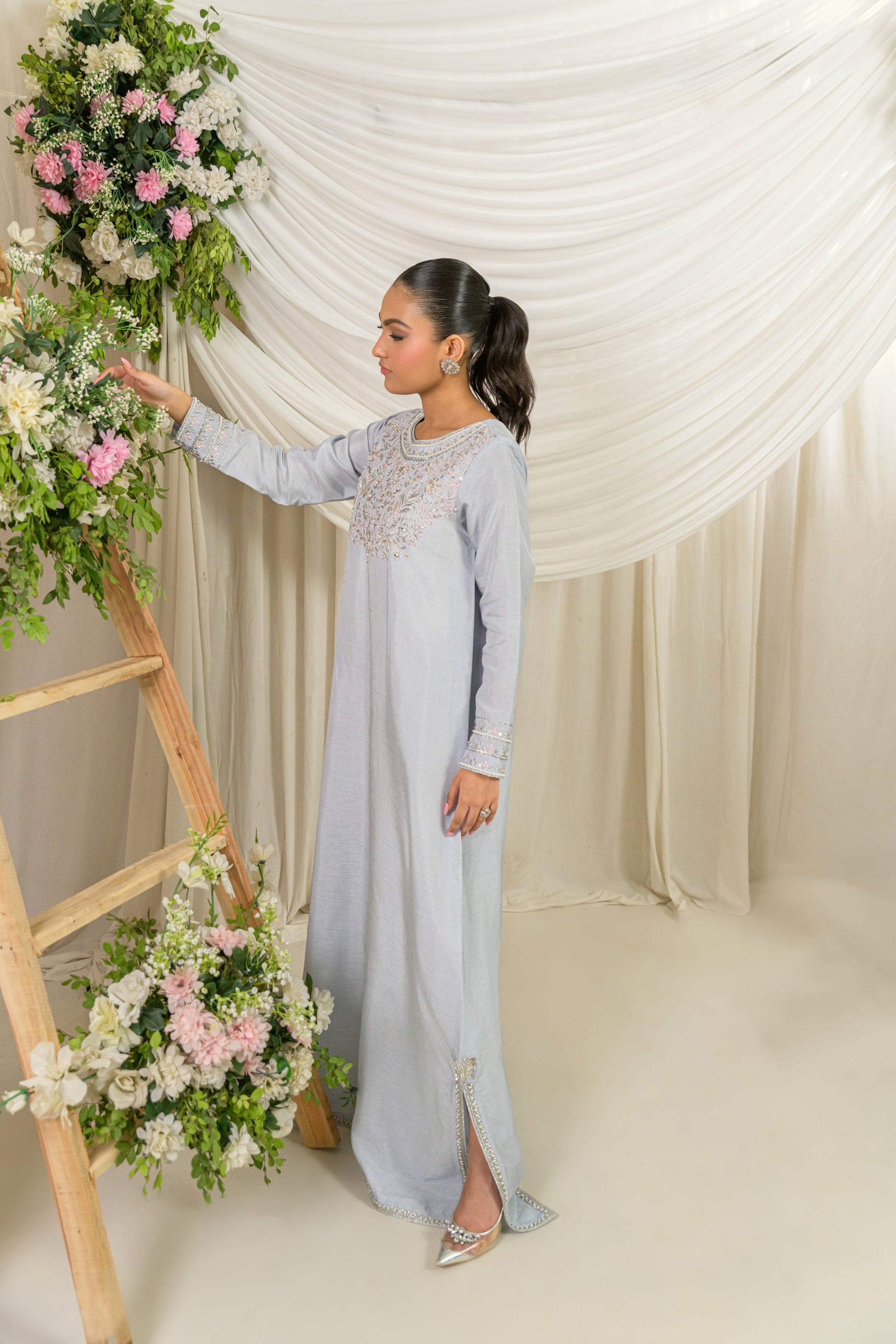 Ayla - raw silk kaftan side view by Alishba Kashif