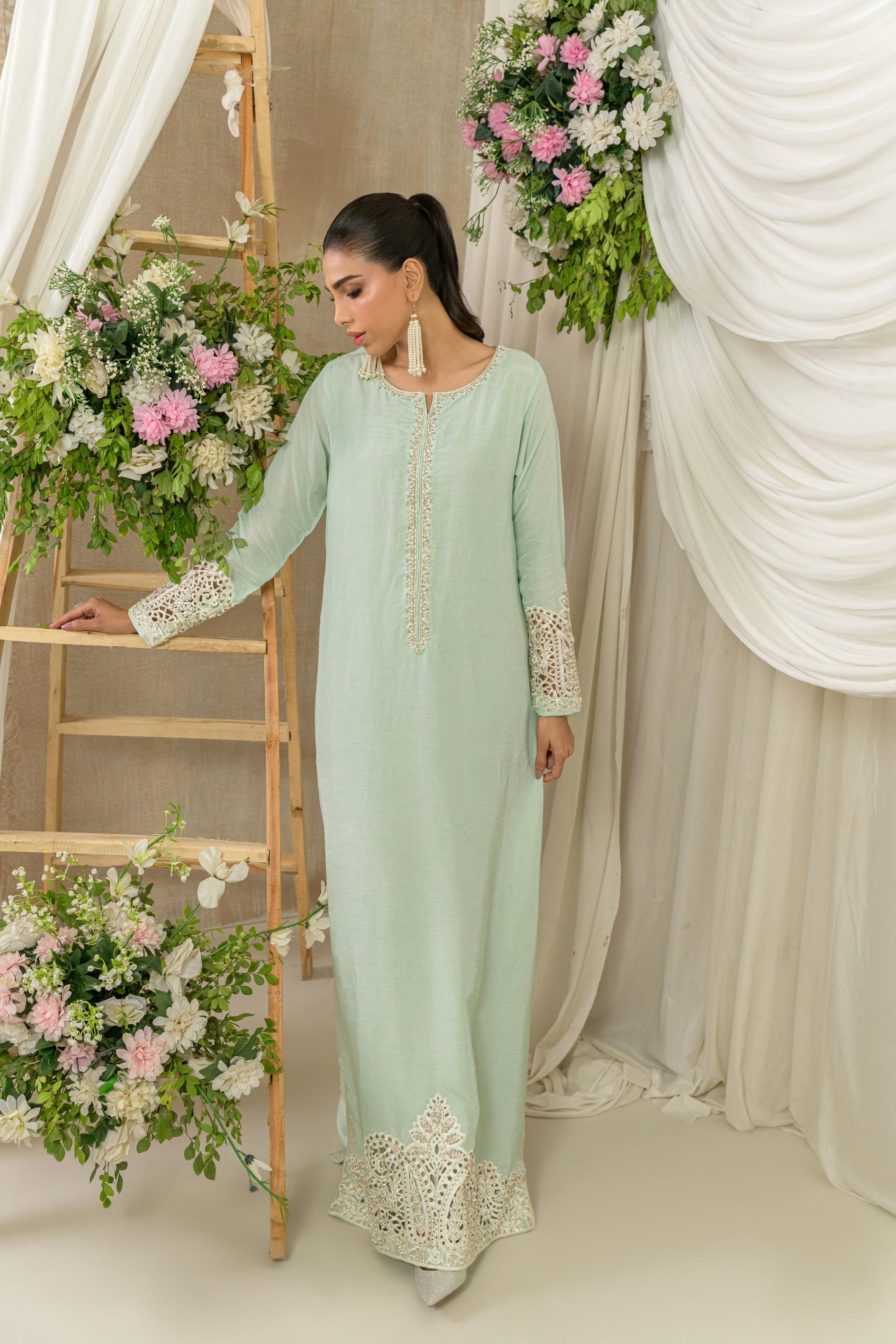 Mist - soft green silk kaftan with cutwork embellishments by Alishba Kashif