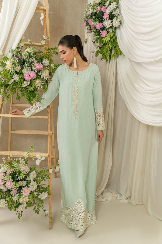 Mist - soft green silk kaftan with cutwork embellishments by Alishba Kashif
