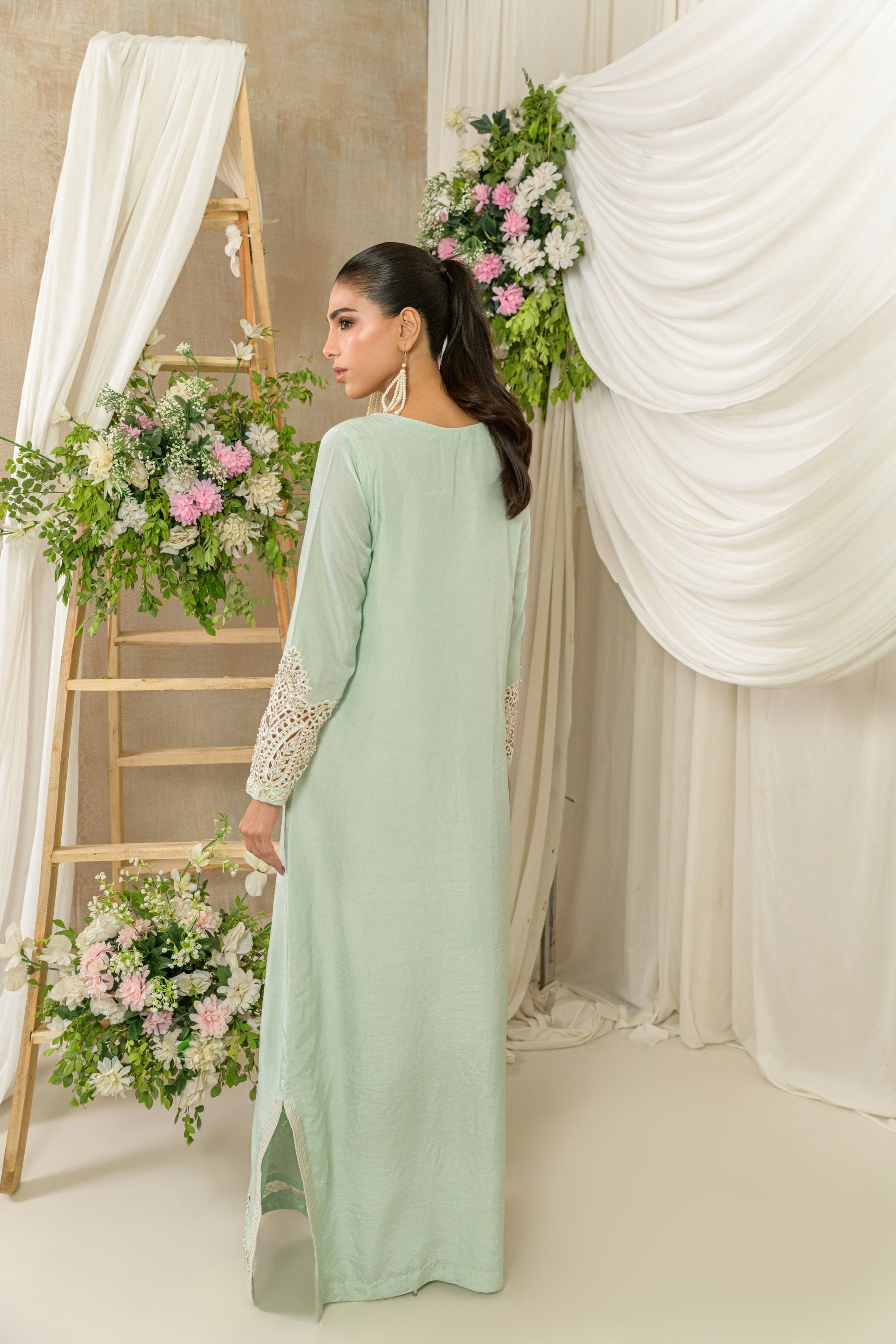 Mist - soft green silk kaftan with cutwork embellishments back view by Alishba Kashif