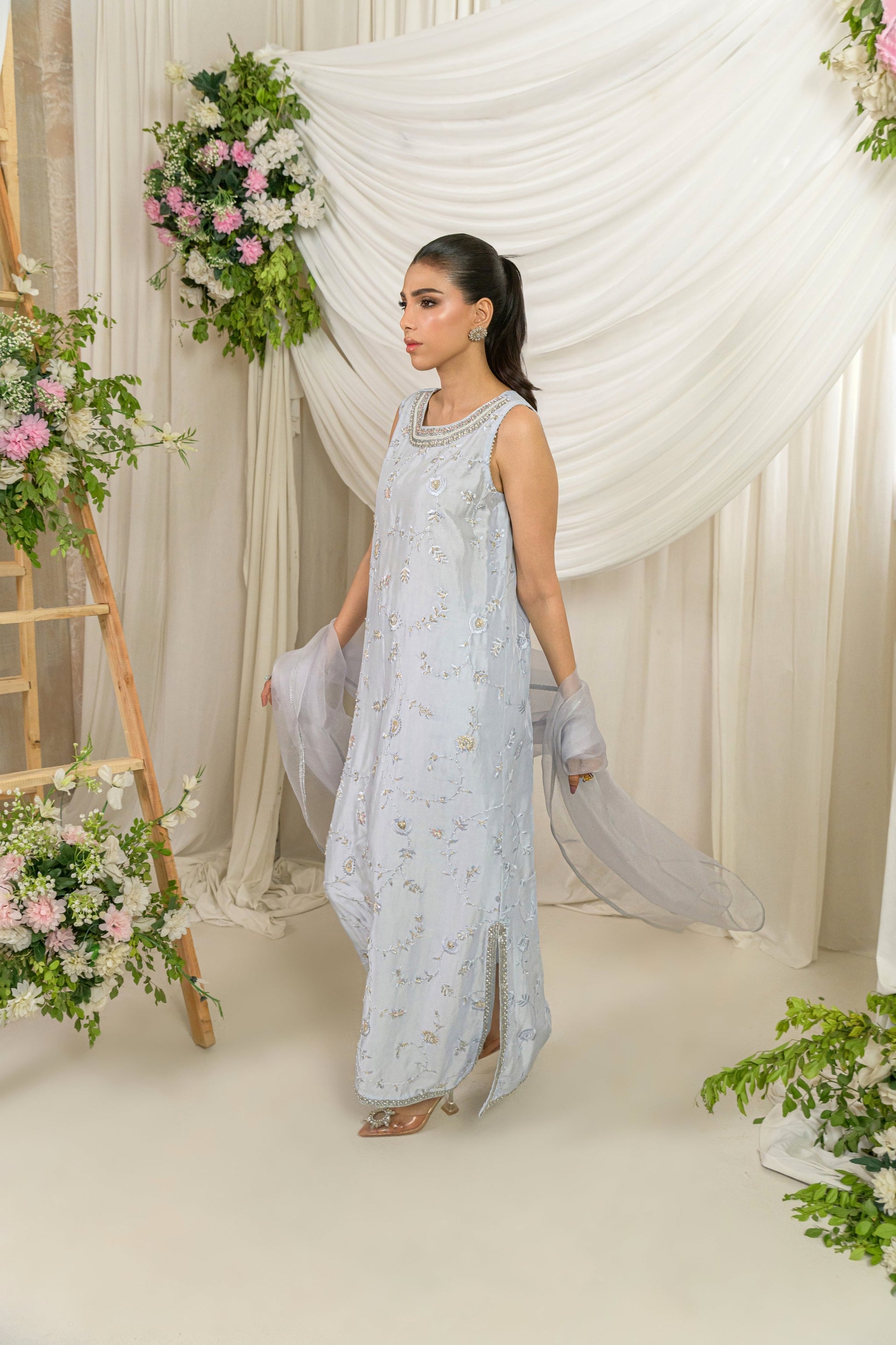 Nureh - powder blue embroidered formal outfit side view by Alishba Kashif