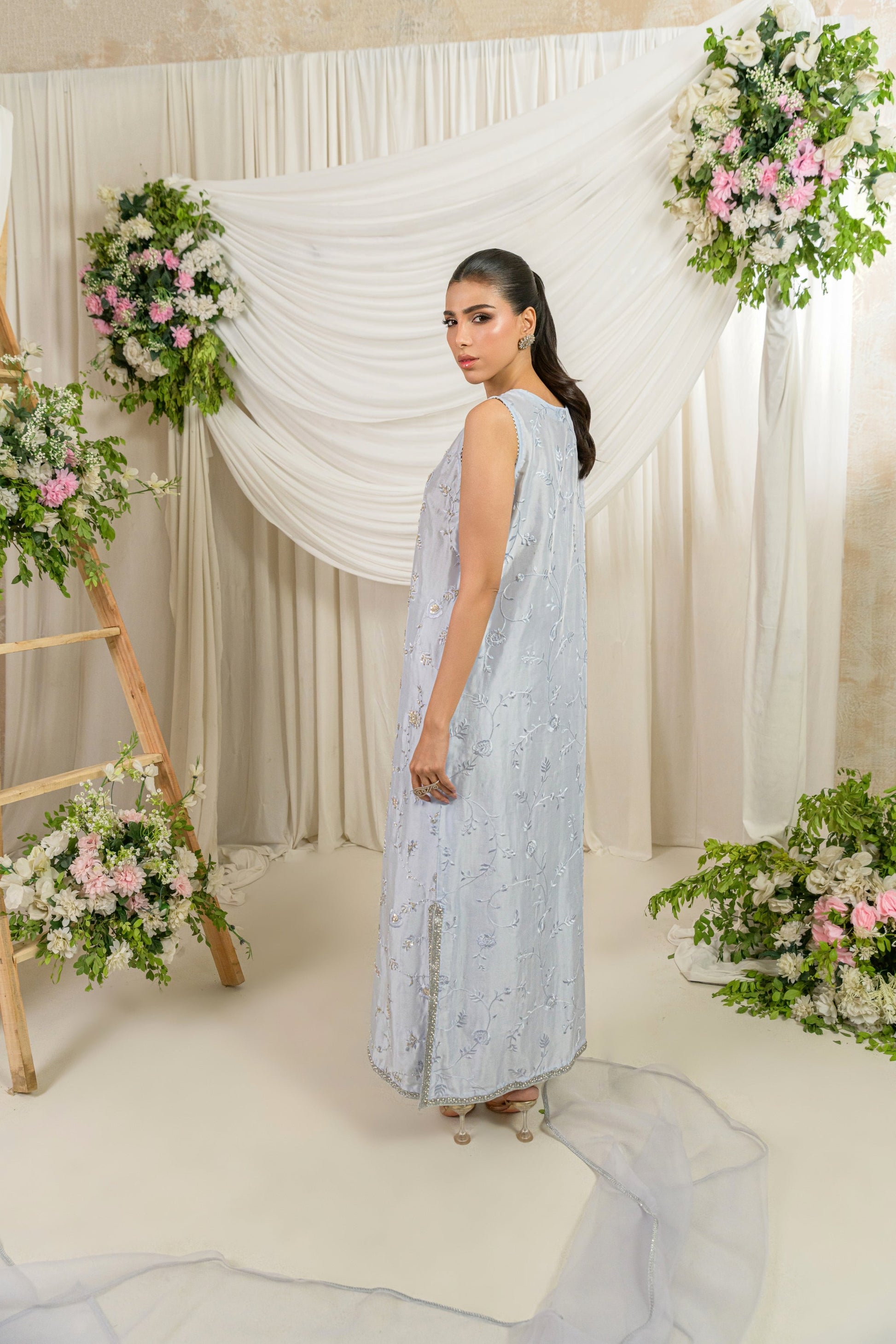 Nureh - powder blue embroidered formal outfit back view by Alishba Kashif