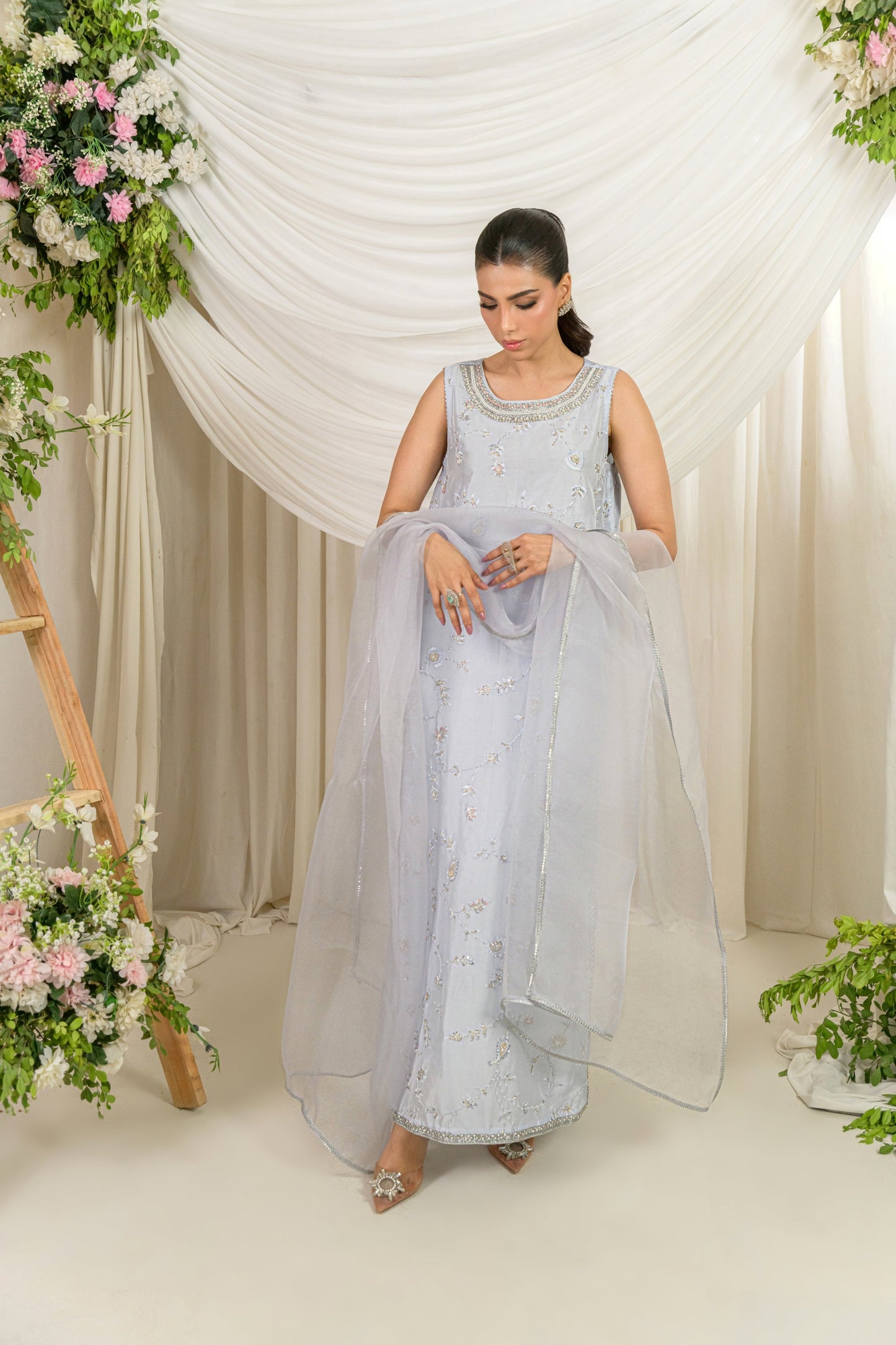 Nureh - powder blue embroidered formal outfit full length view by Alishba Kashif