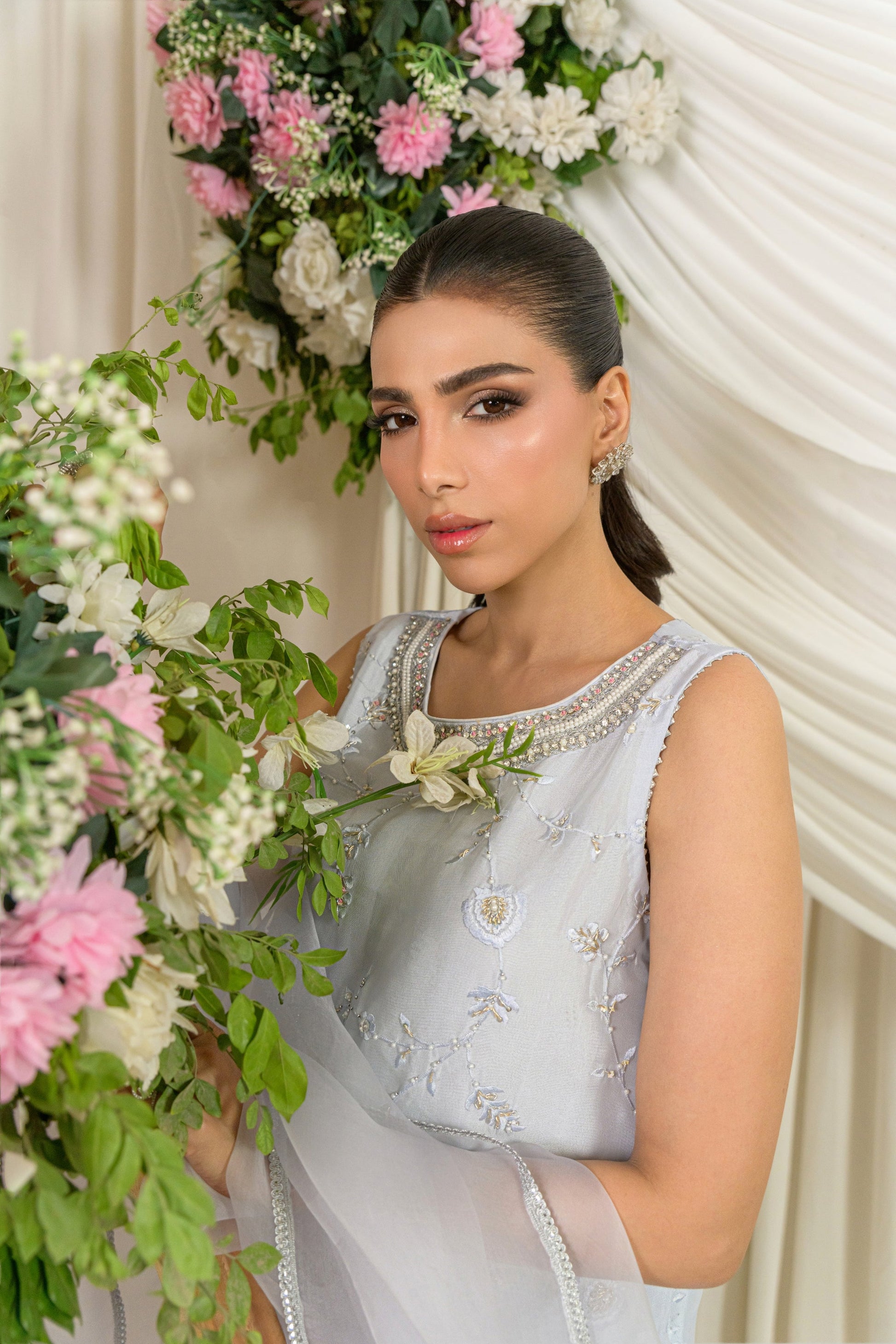 Nureh - powder blue embroidered formal outfit detail view by Alishba Kashif