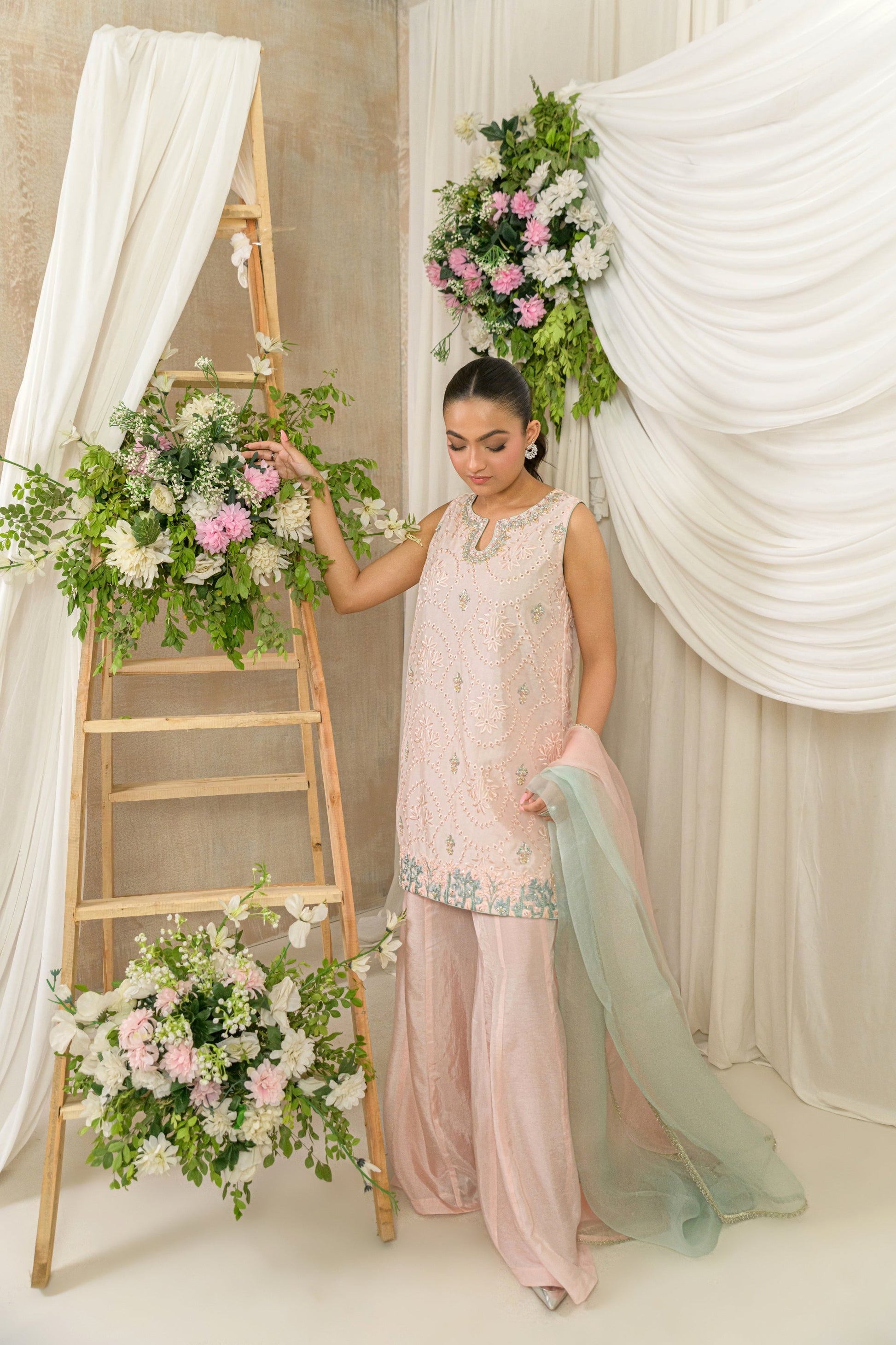 Mahrosh - peach embroidered kurta with mint dupatta front view by Alishba Kashif