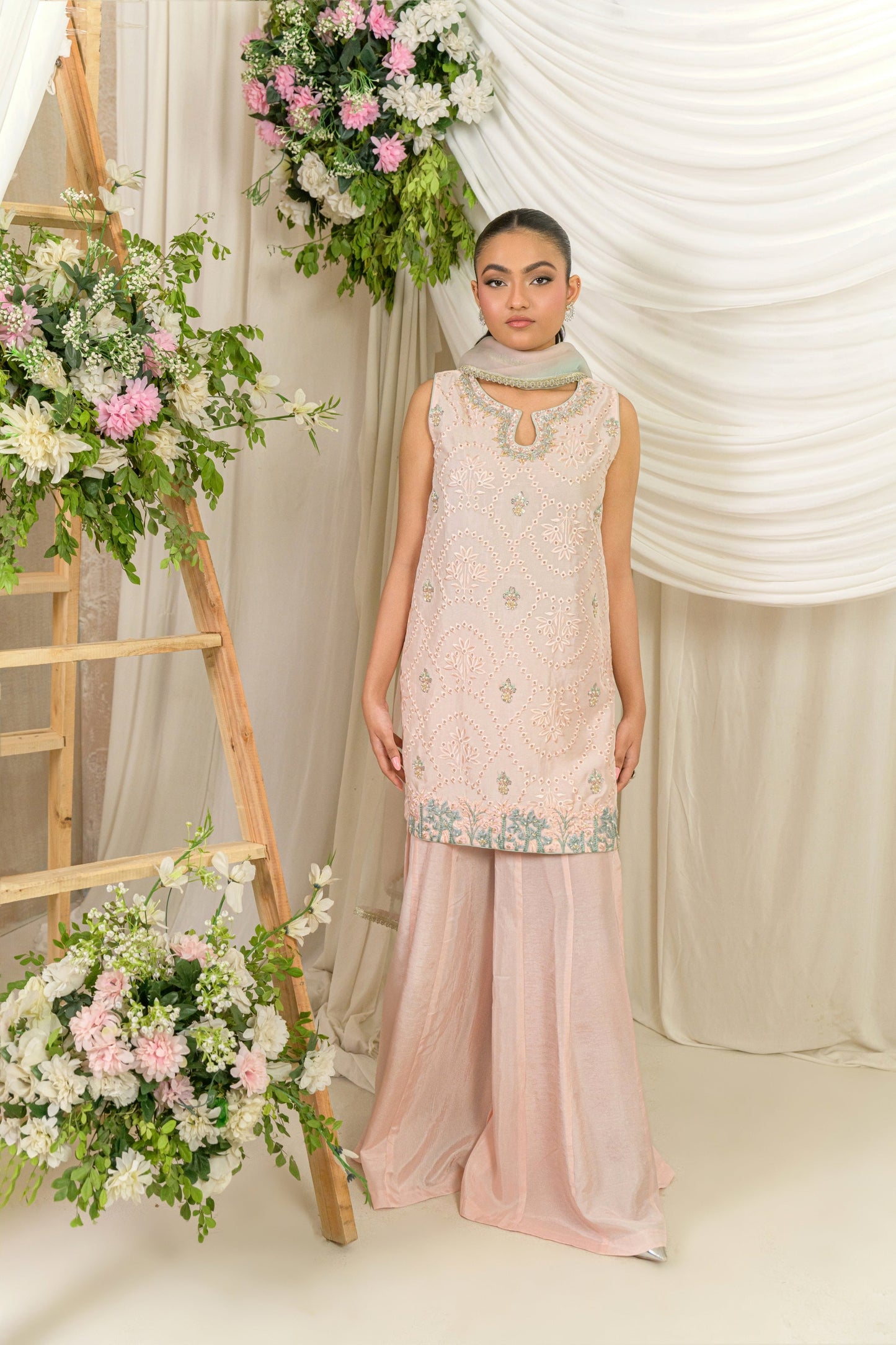 Mahrosh - peach embroidered kurta with mint dupatta full length front view by Alishba Kashif