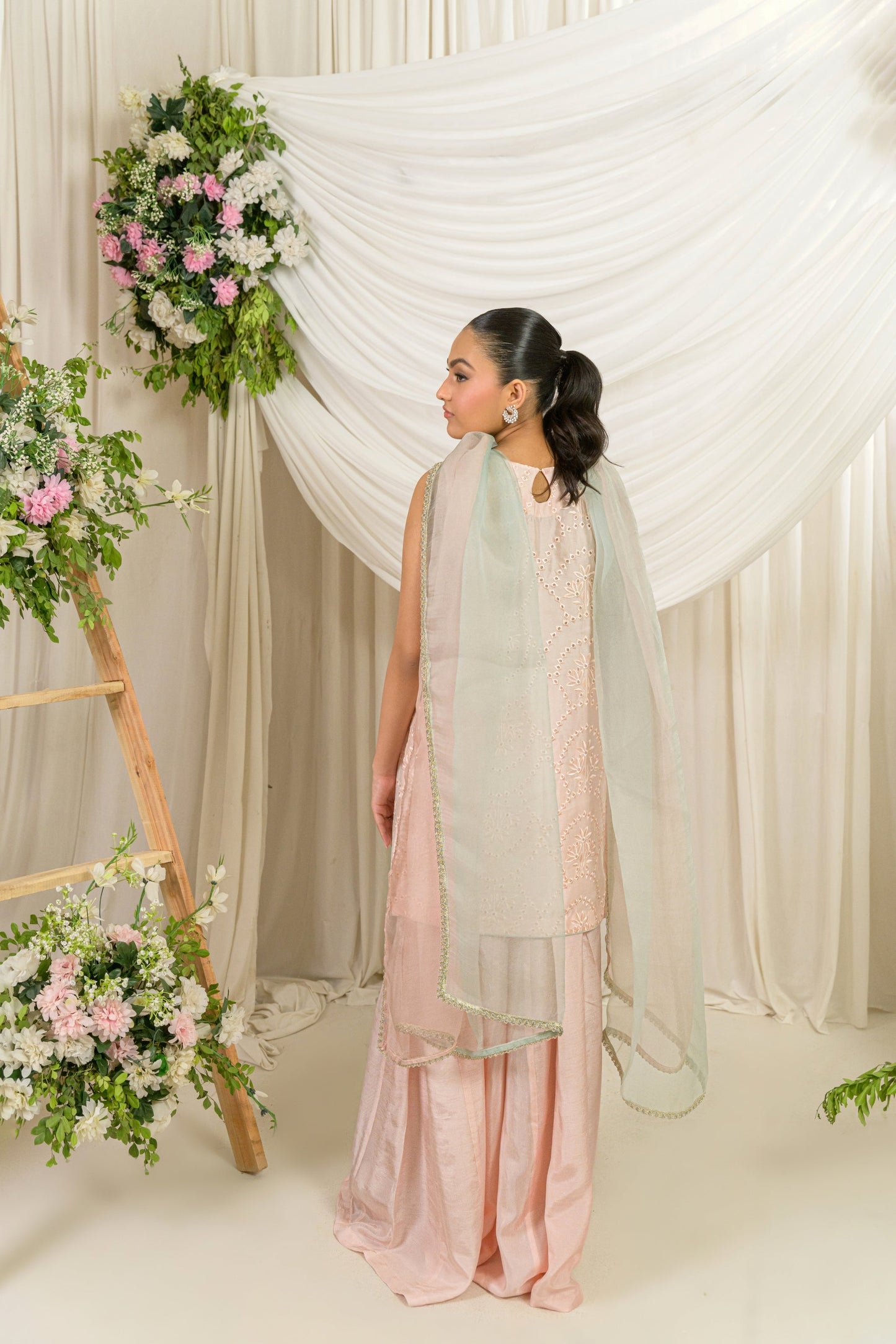 Mahrosh - peach embroidered kurta with mint dupatta back view by Alishba Kashif