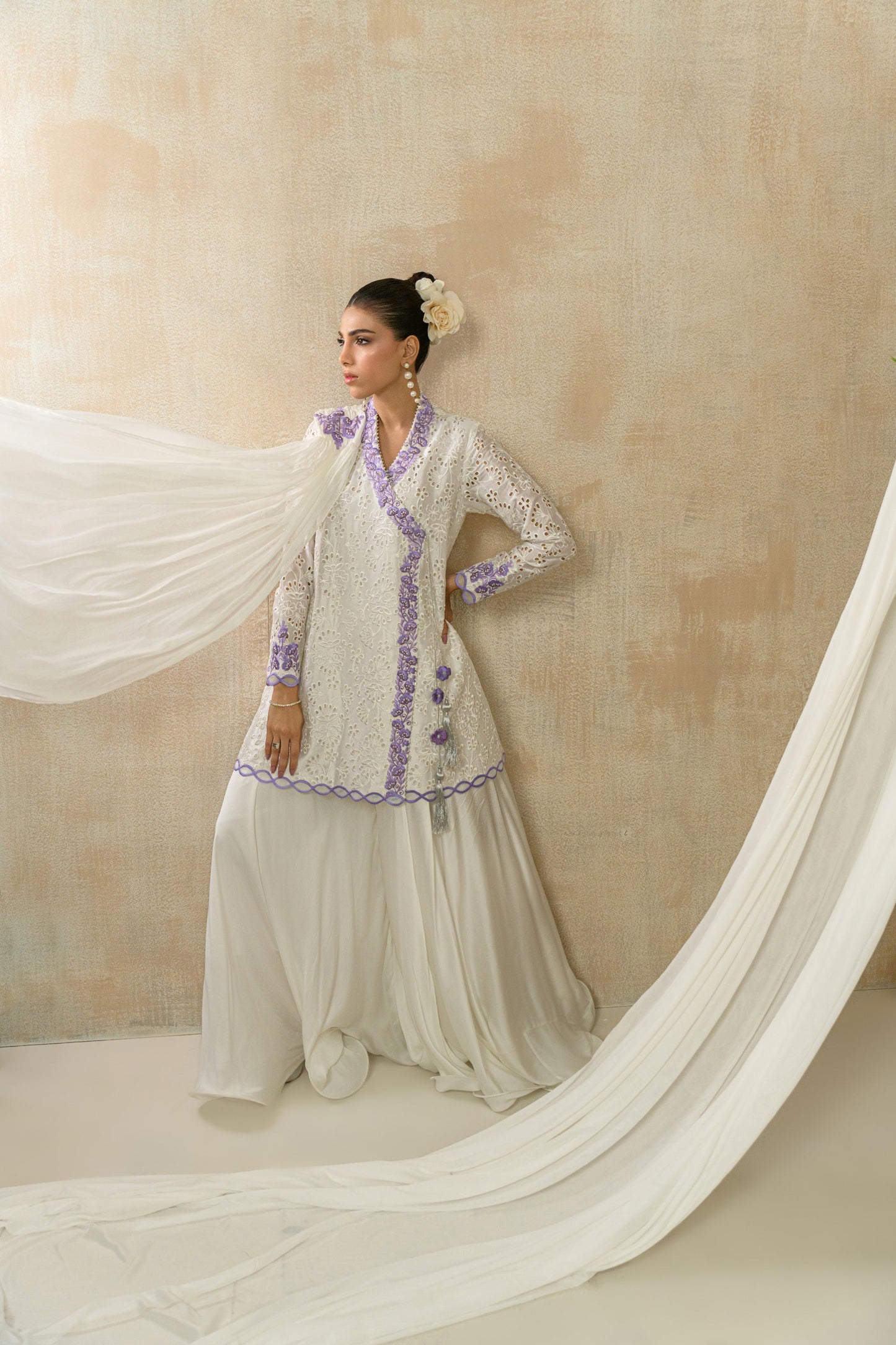 Elan Blanc - white sheesha silk eyelet angrakha with purple embroidery by Alishba Kashif