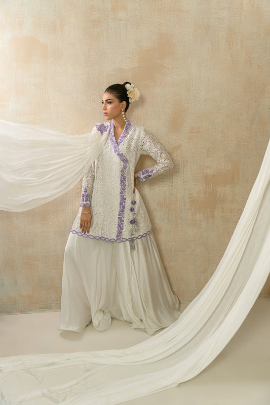 Elan Blanc - white sheesha silk eyelet angrakha with purple embroidery by Alishba Kashif