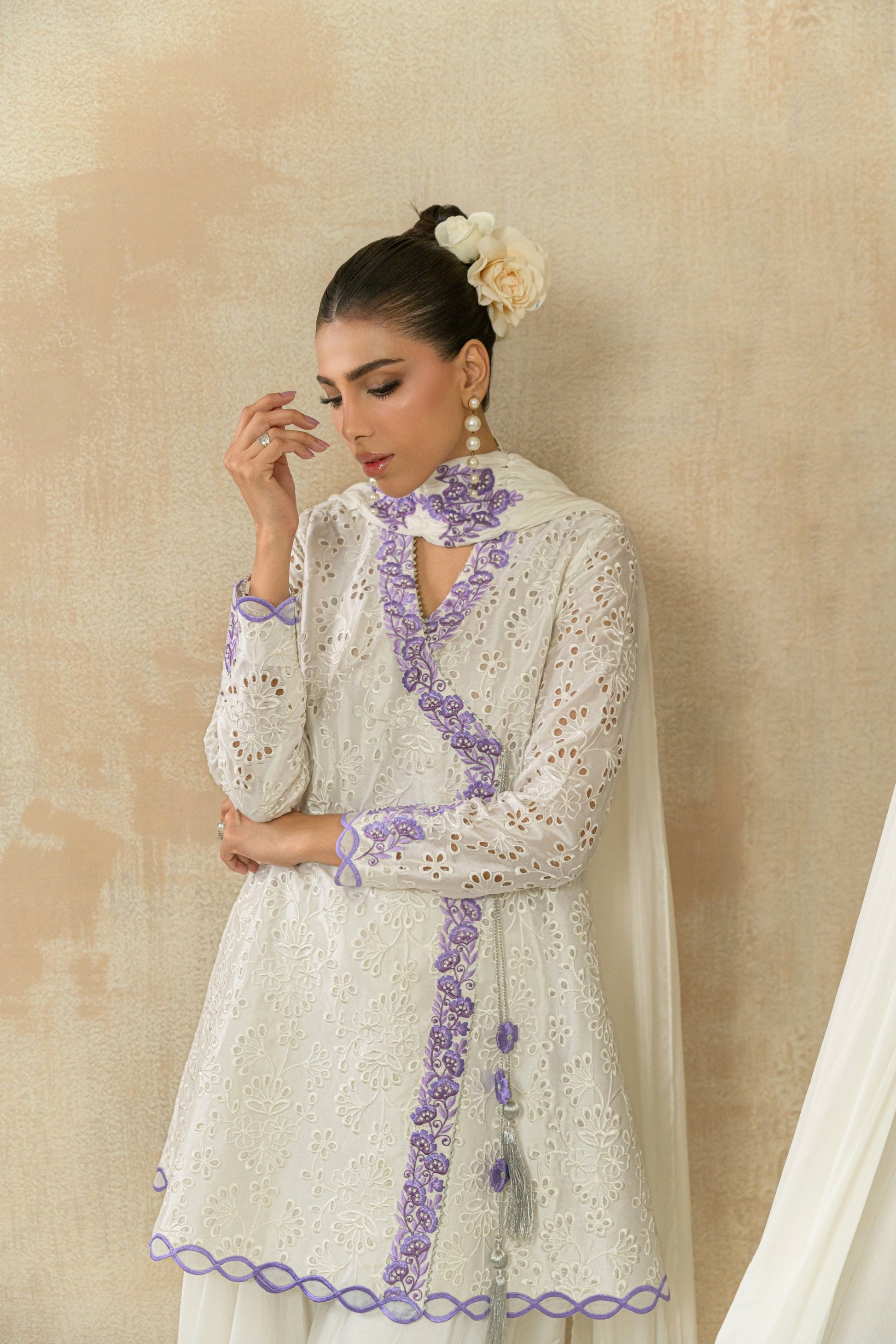 Elan Blanc - white sheesha silk eyelet angrakha with purple embroidery by front view Alishba Kashif