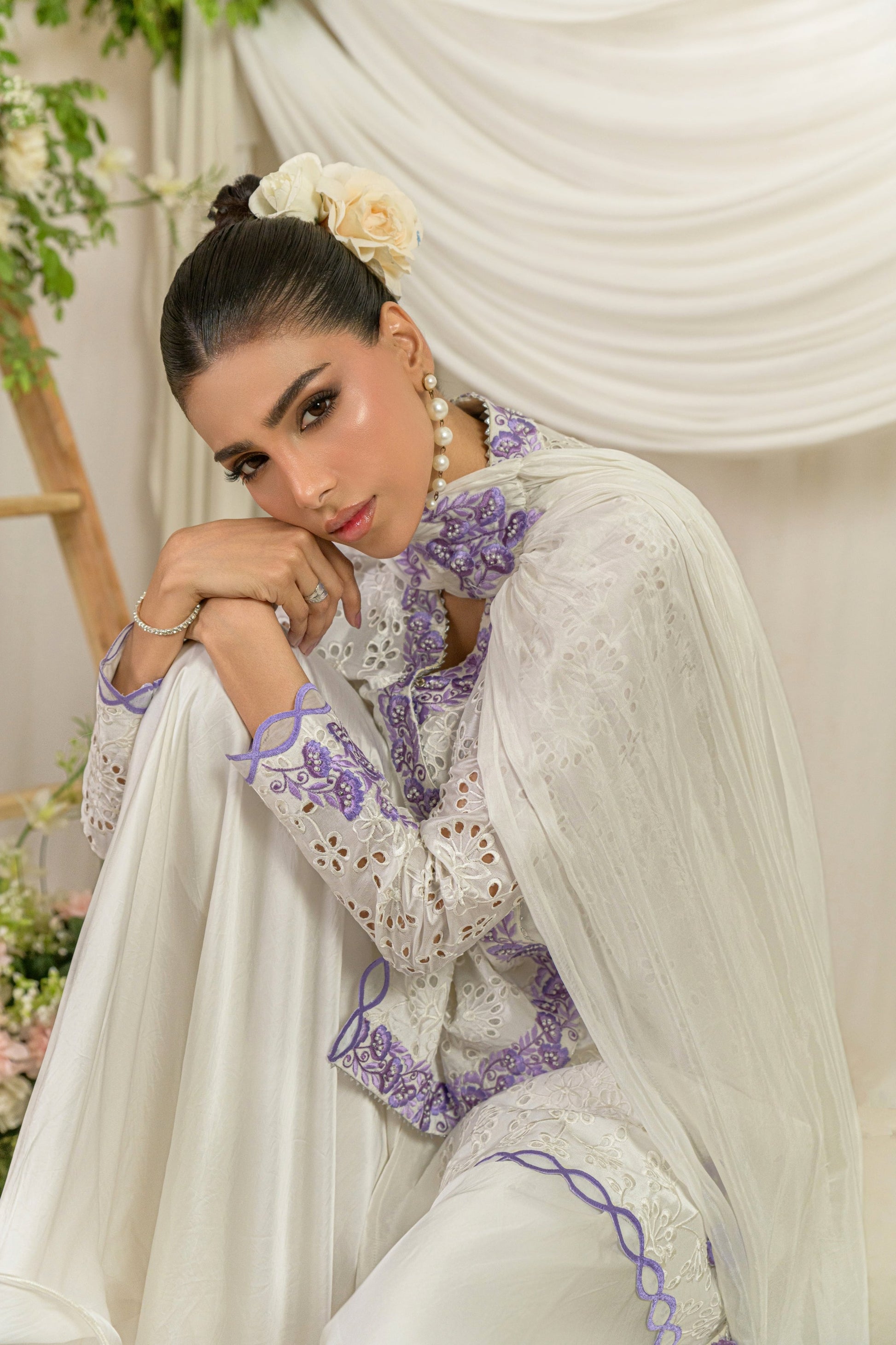 Elan Blanc - white embroidered outfit detail view by Alishba Kashif