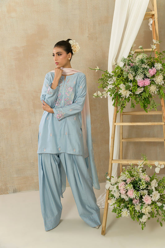 Zehan - powder blue silk cotton embroidered outfit with farshi shalwar by Alishba Kashif