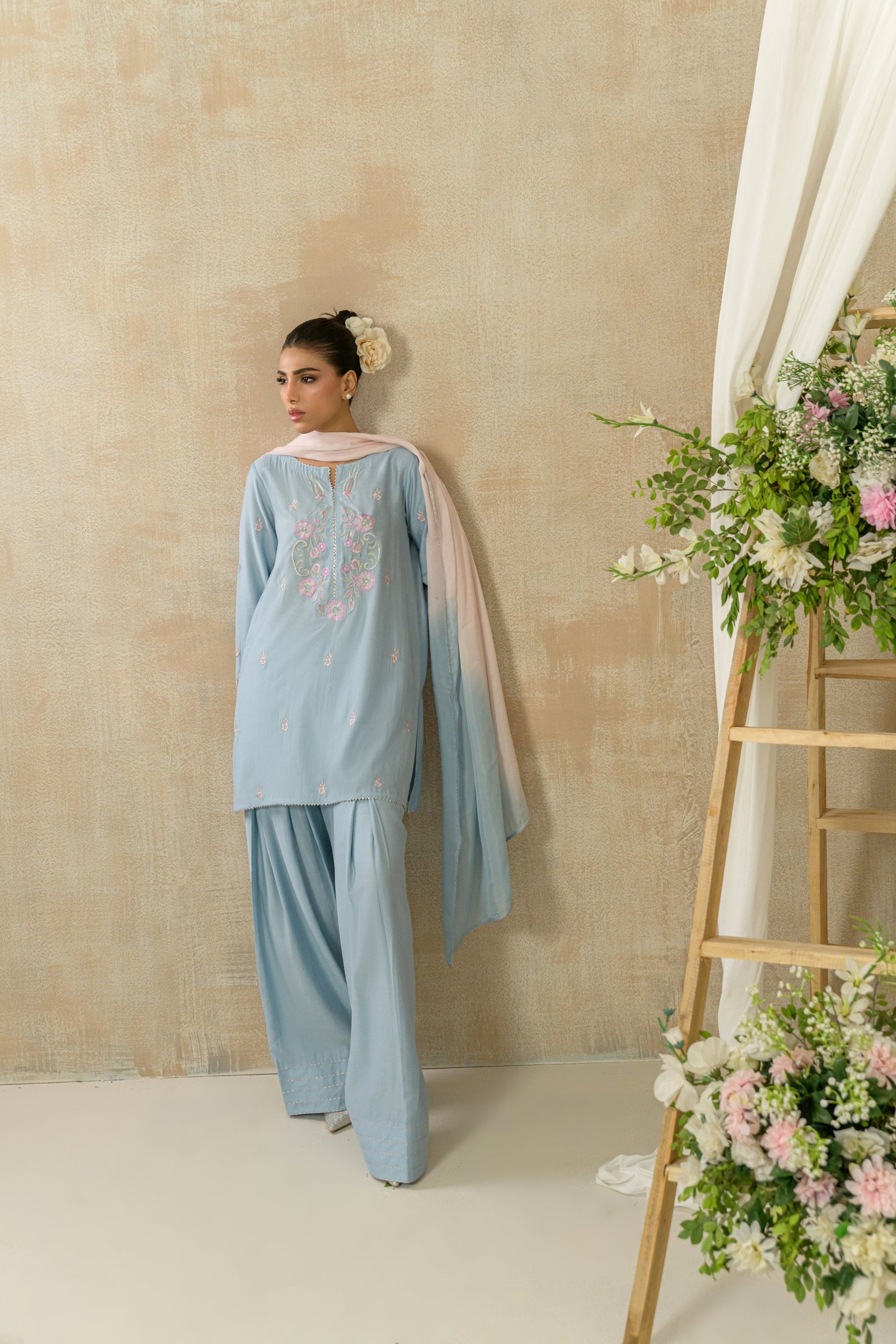 Zehan - powder blue suit full length view by Alishba Kashif